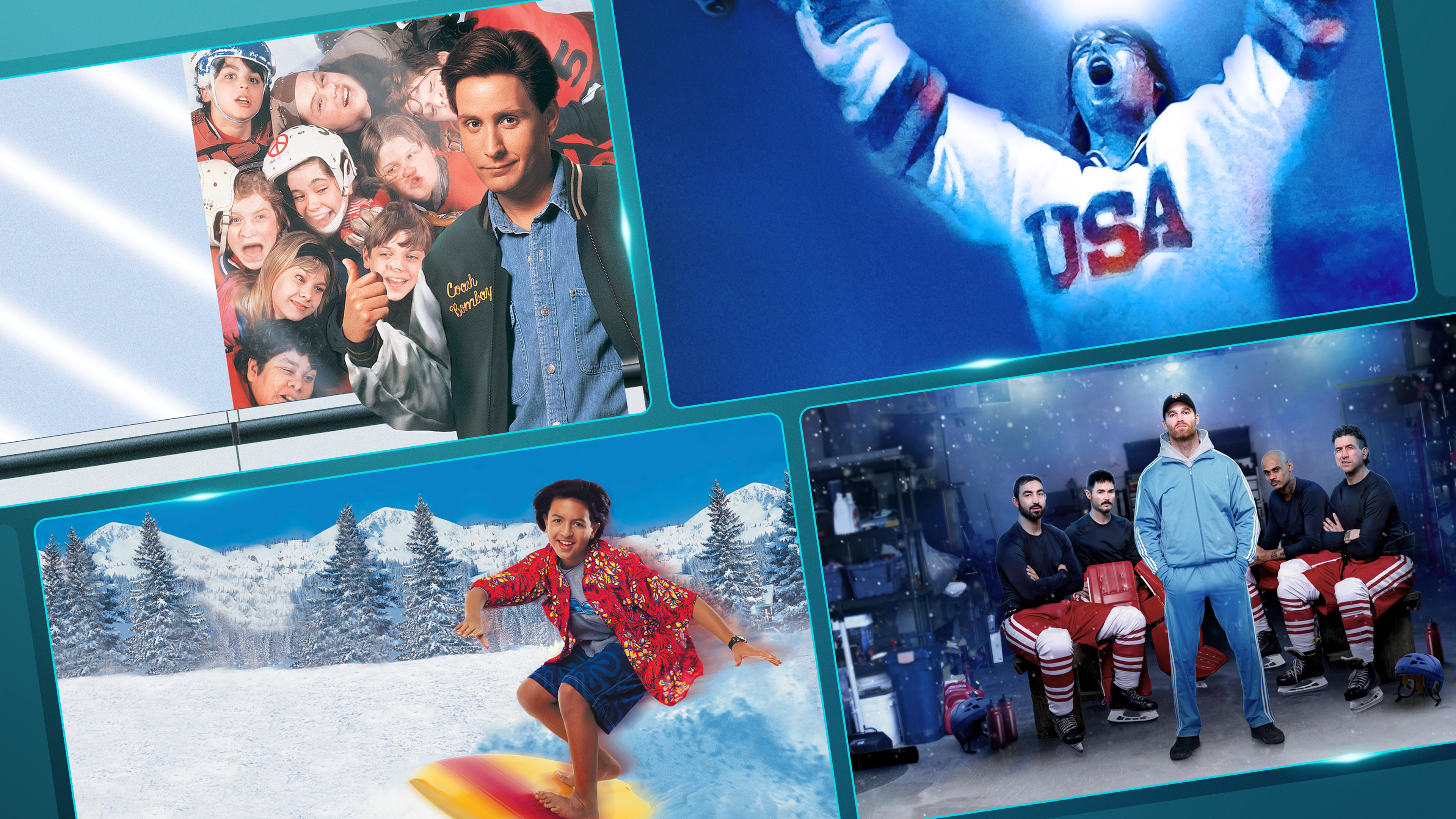 A collage of winter sports movies and shows including The Mighty Ducks, Miracle, Johnny Tsunami, and Shoresy