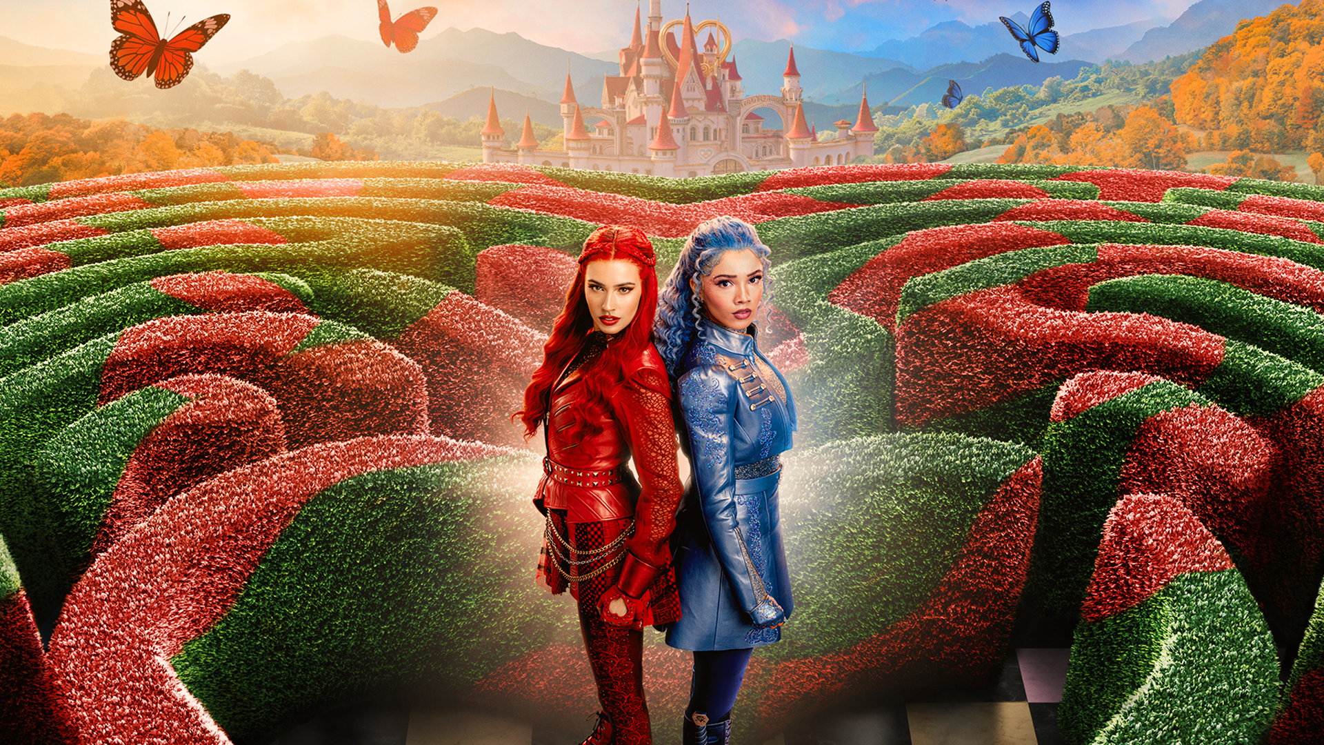 This poster showcases the upcoming Disney movie Descendants: Wicked Wonderland, featuring characters Red and Chloe set against a sprawling maze.