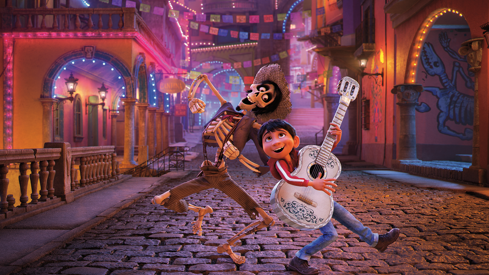 Miguel and Héctor the skeleton dance through the Land of the Dead as Miguel plays guitar