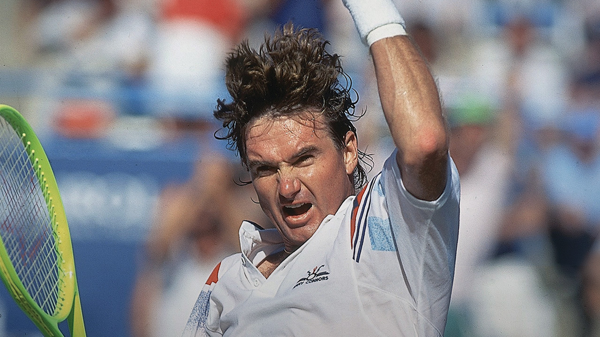 This image depicts Jimmy Connors during a dramatic moment at the 1991 US Open.