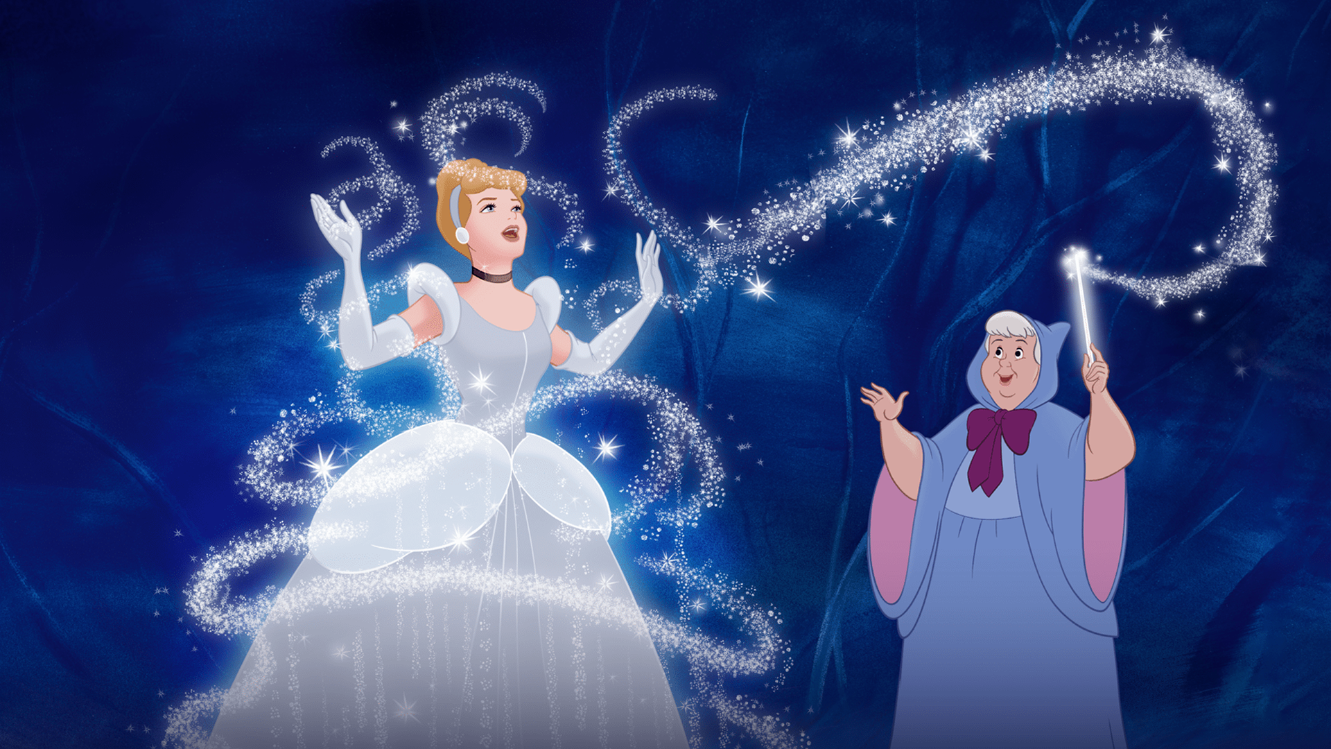 Cinderella as her clothes transform into a ball gown in Cinderella (1950)