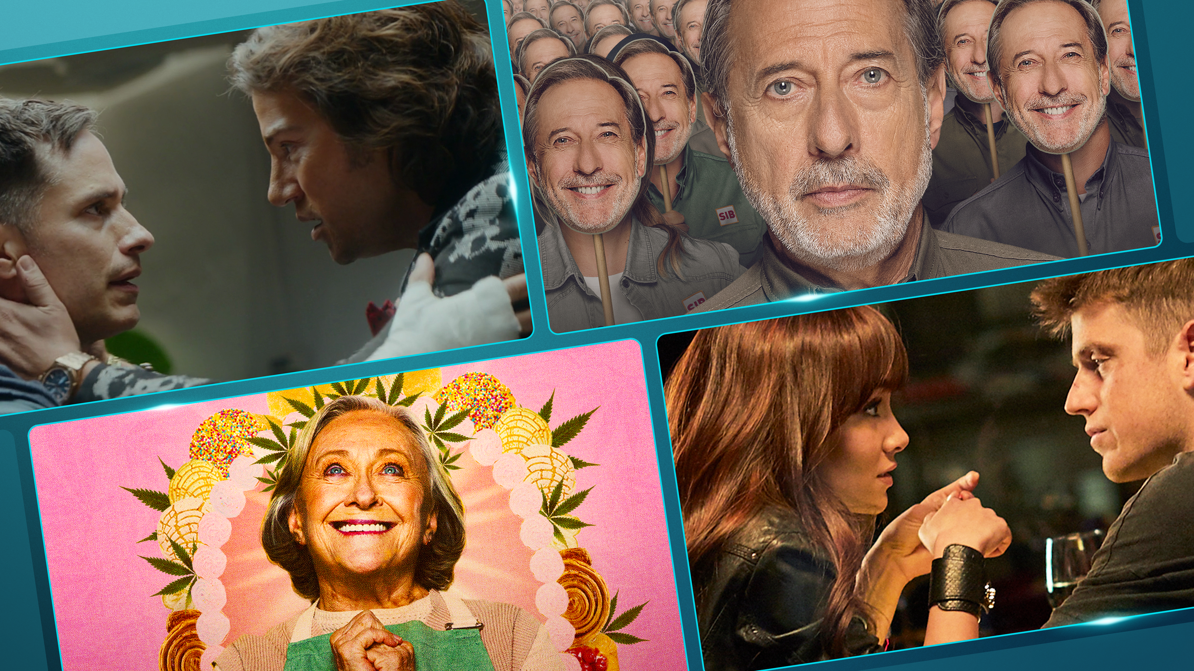 An image split into three parts featuring Maria (Susana Alexander)) from Mama Cake, Eliseo (Guillermo Francella) from El Encargado, and Rita (Elena Anaya) from Past Lies.