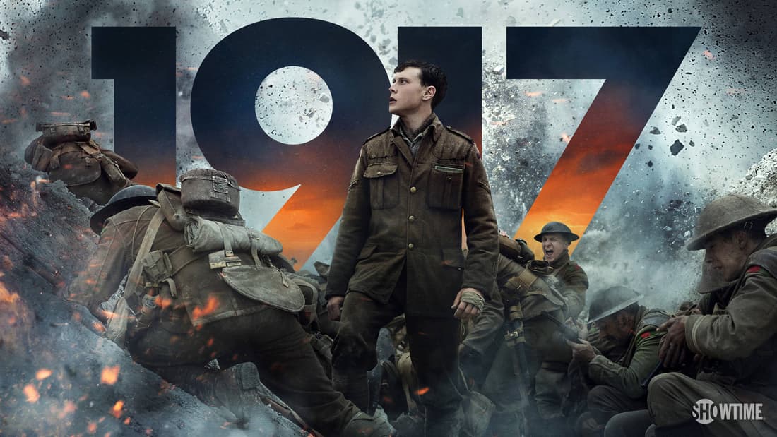 Actors portraying World War I soldiers in battle from the film 1917