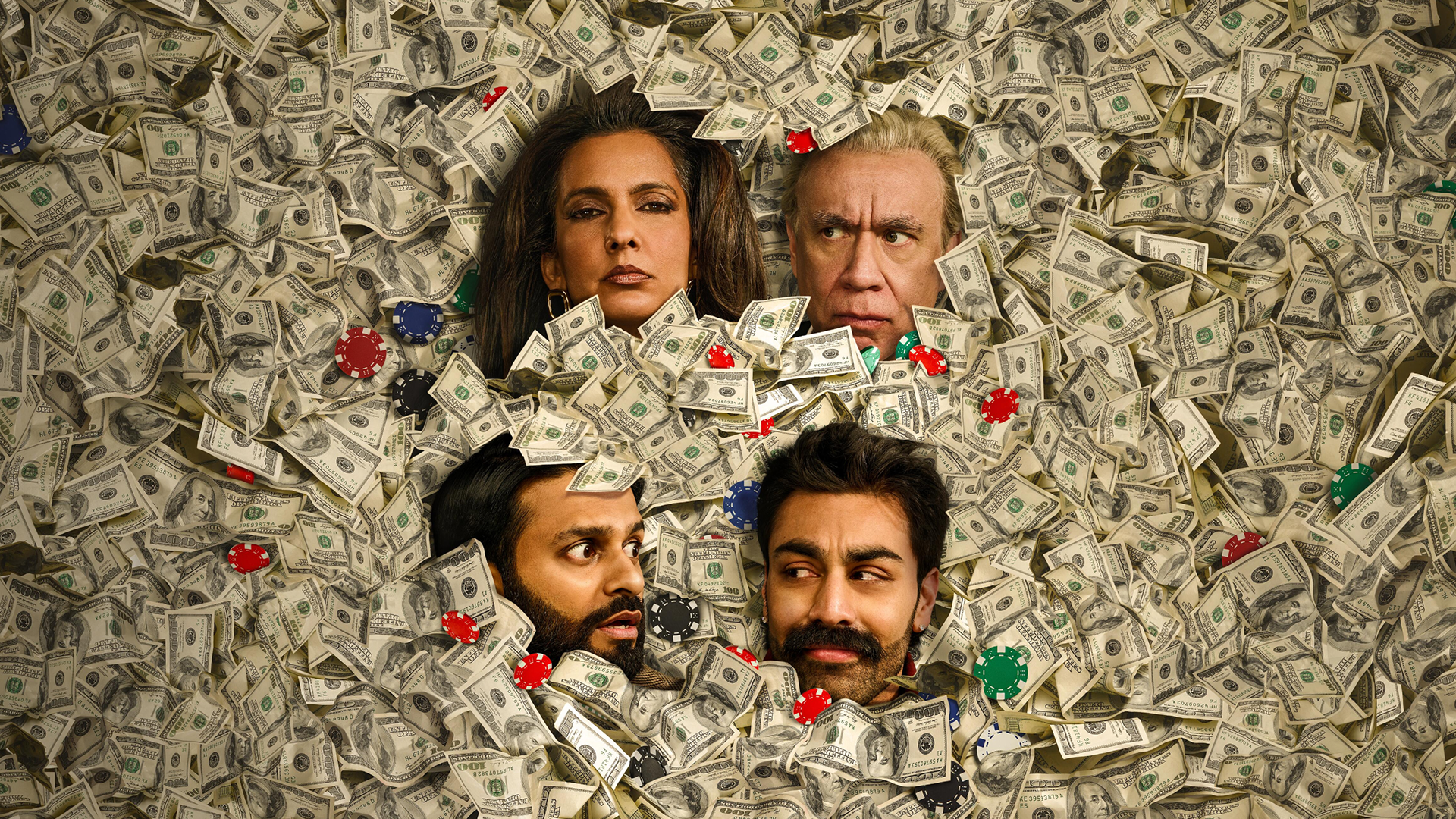 Key art for Deli Boys Season 2 featuring the main cast in a pool of 100 dollar bills.