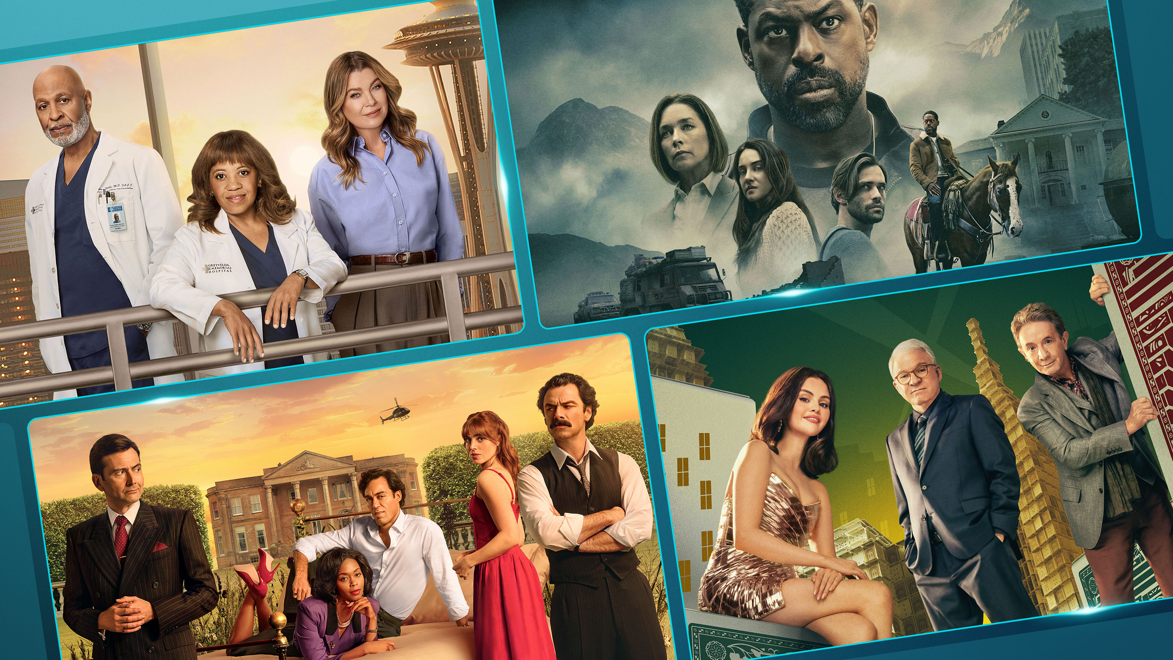 Promotional collage showcasing Grey’s Anatomy, Paradise, Rivals and Only Murders in the Building, with ensemble casts from each series displayed in separate panels on a Disney+ themed background.