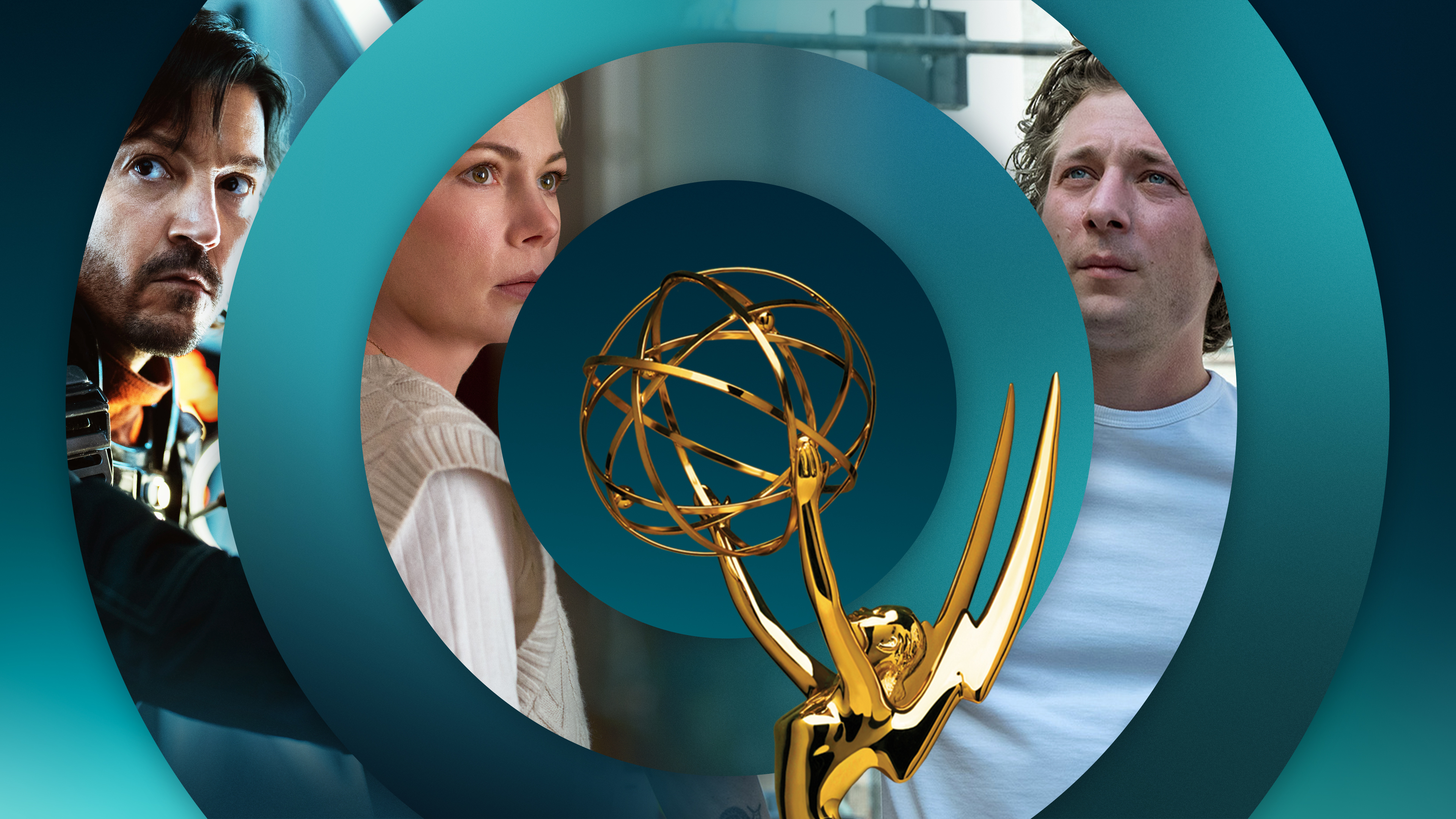 Circular collage depicting Emmy® nominated series including Andor, Dying for Sex and The Bear with an Emmy® trophy in the center.
