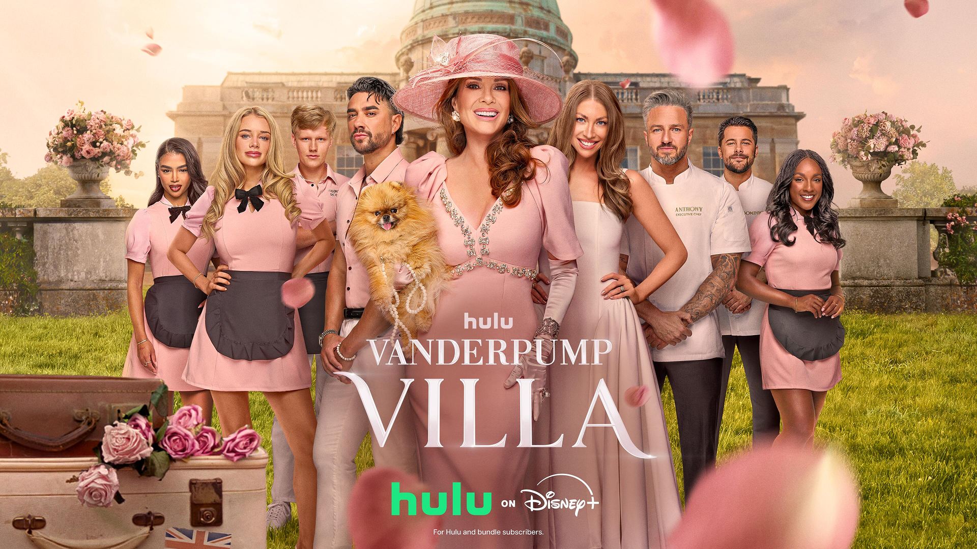 The cast of Vanderpump Villa stand in front of the Season 3 house. Text reads: Vanderpump Villa, Hulu on Disney+