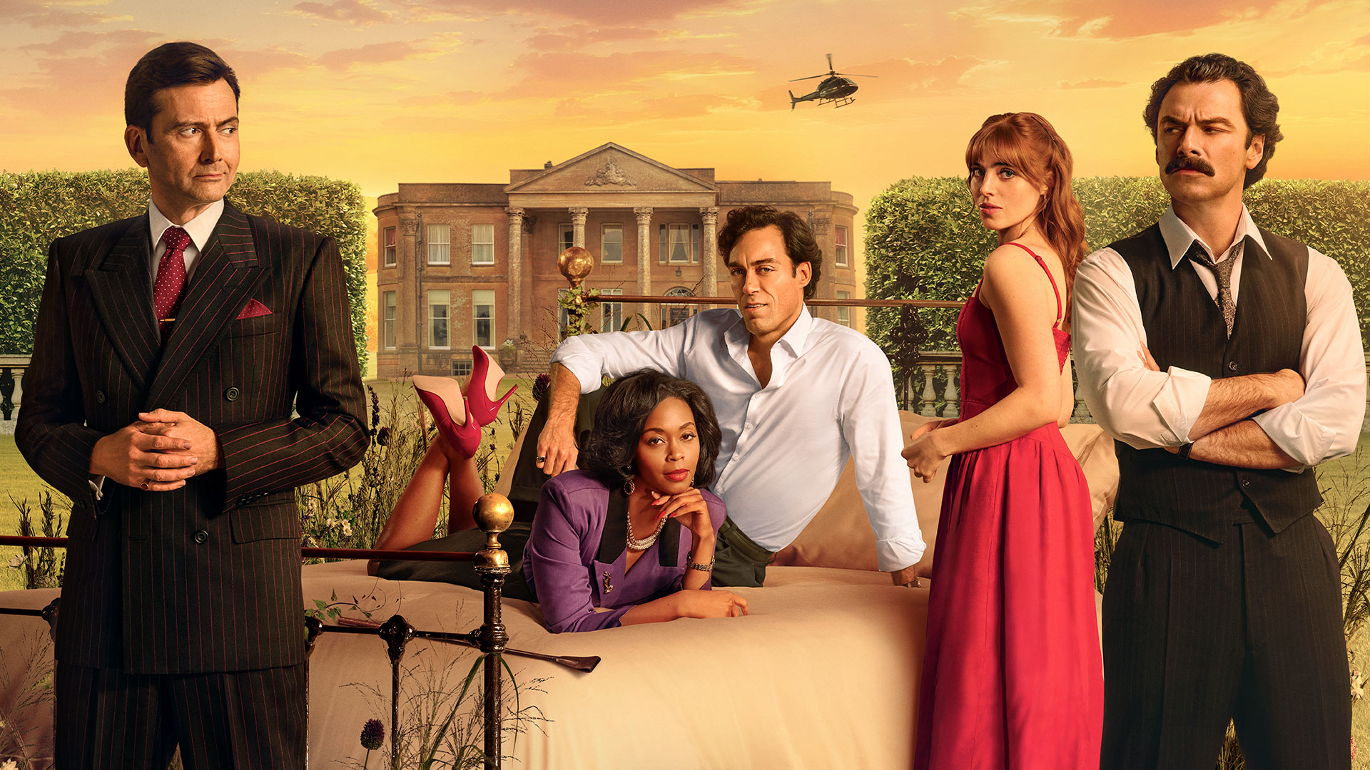 Key art for Rivals featuring a group of characters posing around a large bed in front of a country estate at sunset.