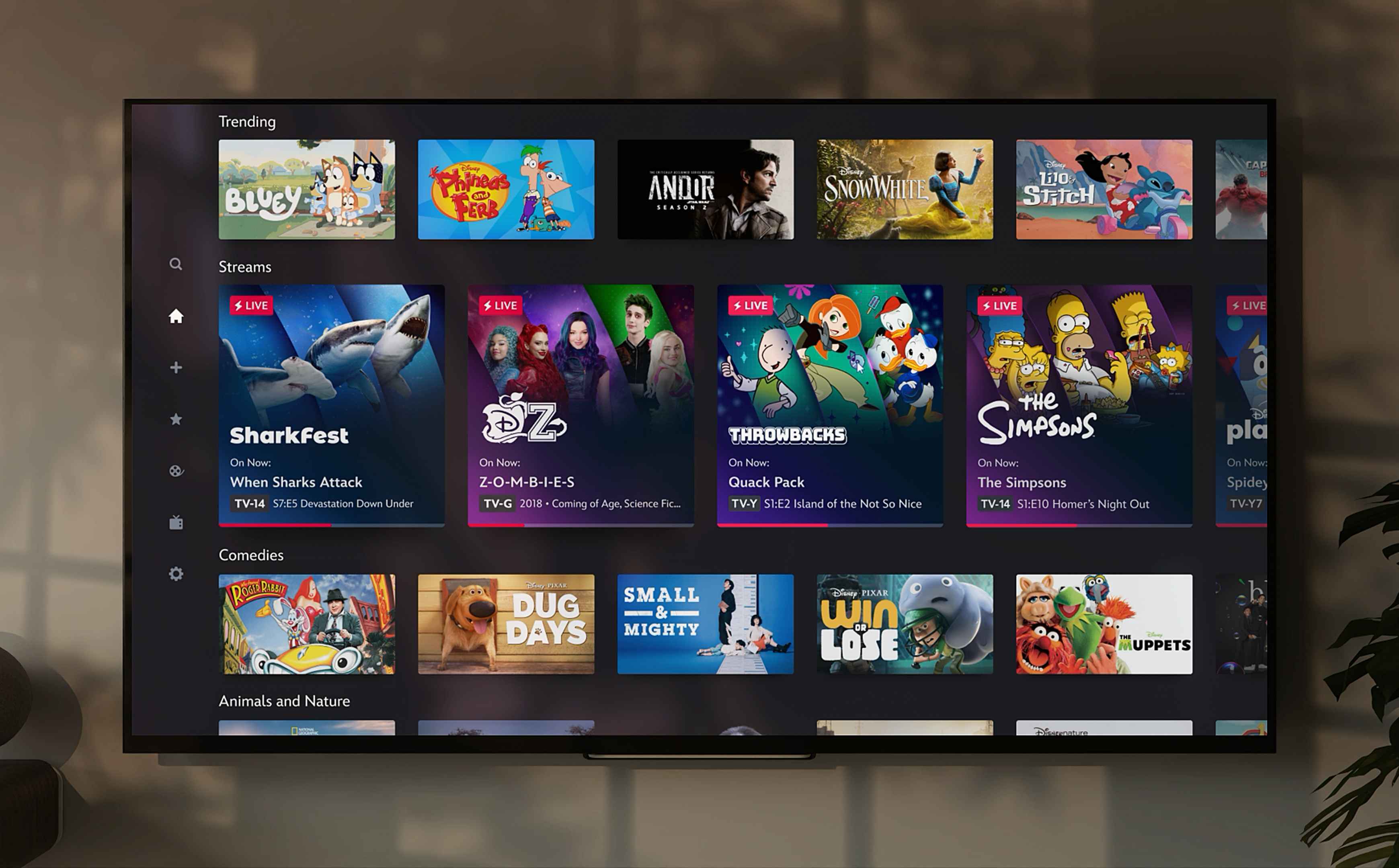 TV screen showing Streams available on Disney+.
