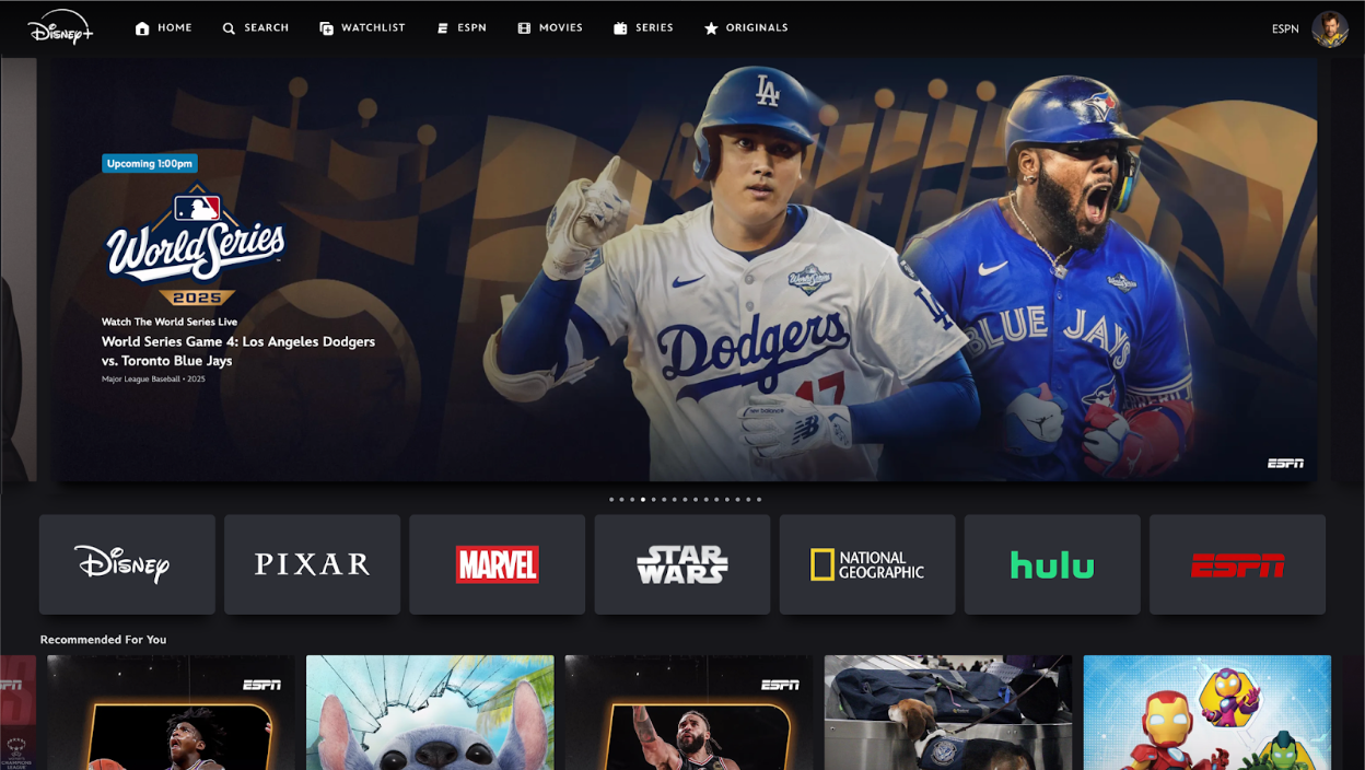 Home Screen of Disney+ Screen with Shohei Ohtani and Vladimir Guerrero Jr.