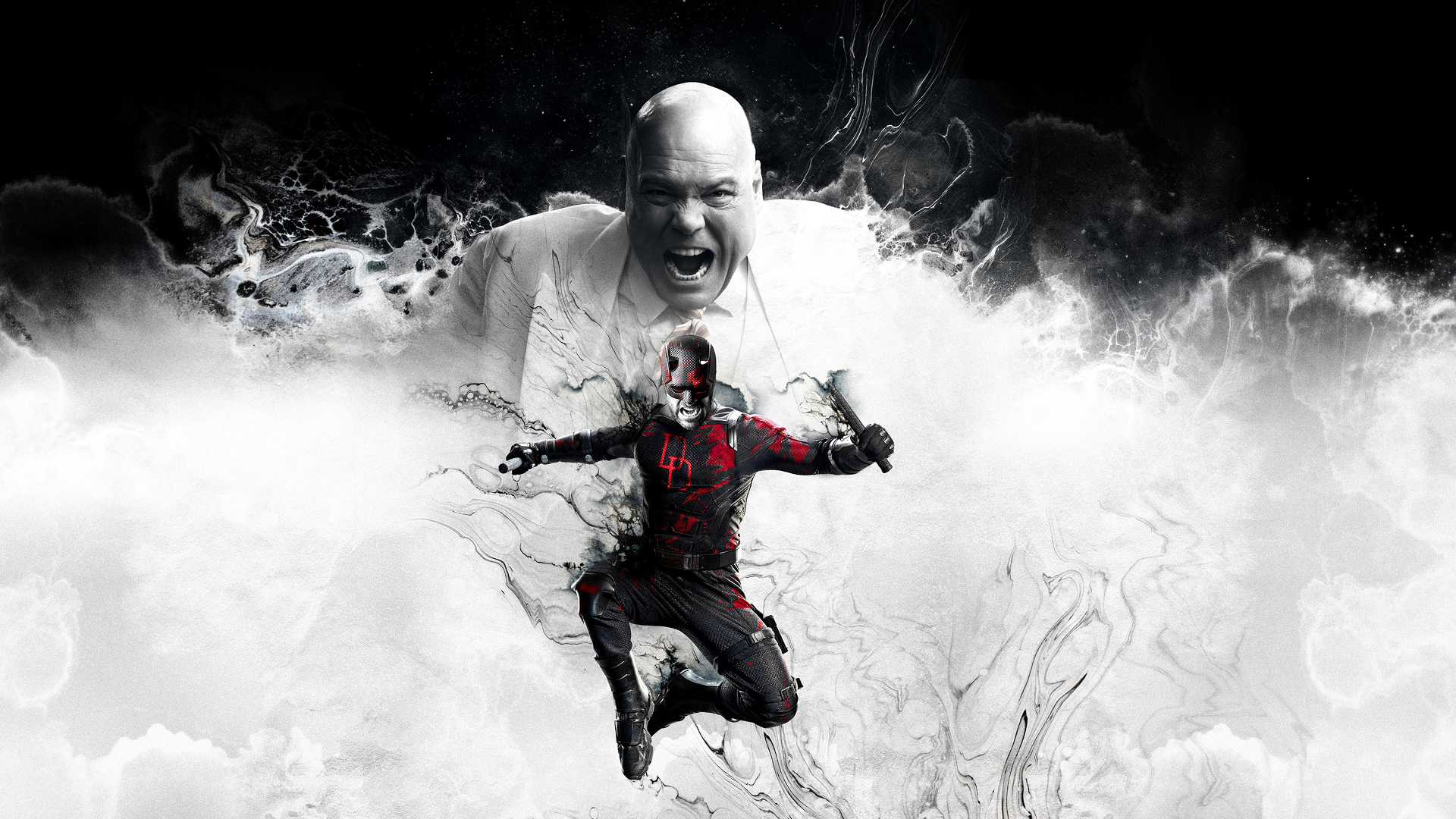 Key art for Daredevil: Born Again featuring Daredevil leaping forward as Wilson Fisk (The Kingpin) roars behind him. Season finale streaming May 5.