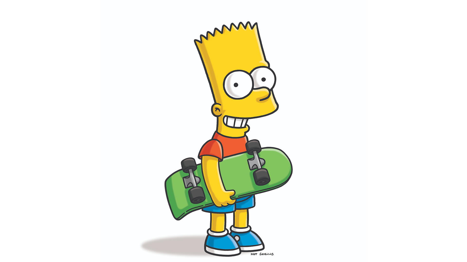 This character is Bart Simpson from the animated series The Simpsons. He is shown holding his signature green skateboard.