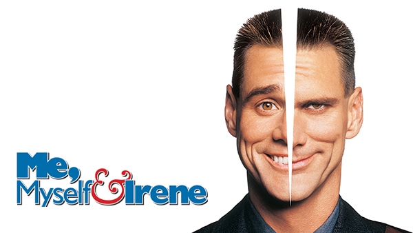 Title art for dark comedy Me, Myself &amp; Irene starring comedian Jim Carey