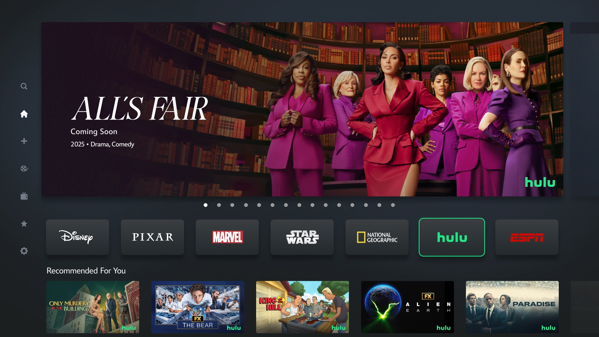 Image of the Disney+ user interface featuring promotional art for All's Fair, The Bear and more