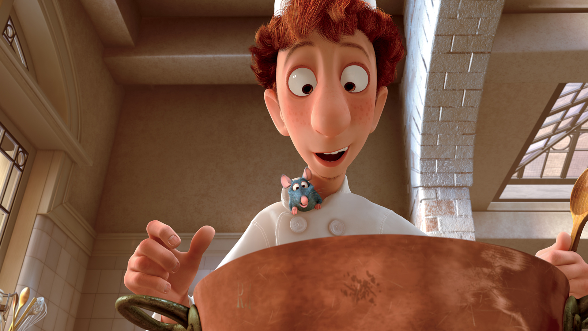 Remy, a blue rat, peeks out of Linguini's chef jacket while he's cooking