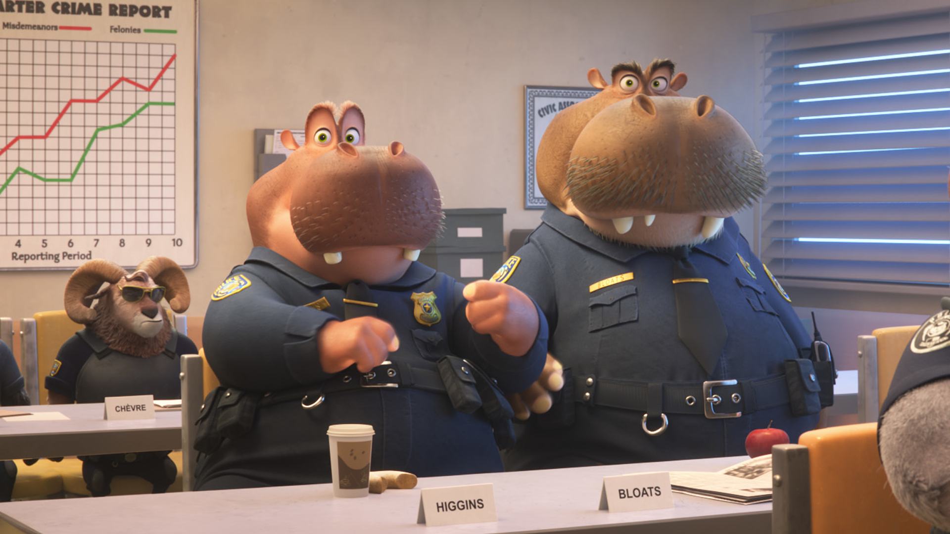 This scene is from the animated film Zootopia 2, showcasing a meeting within the Zootopia Police Department. 