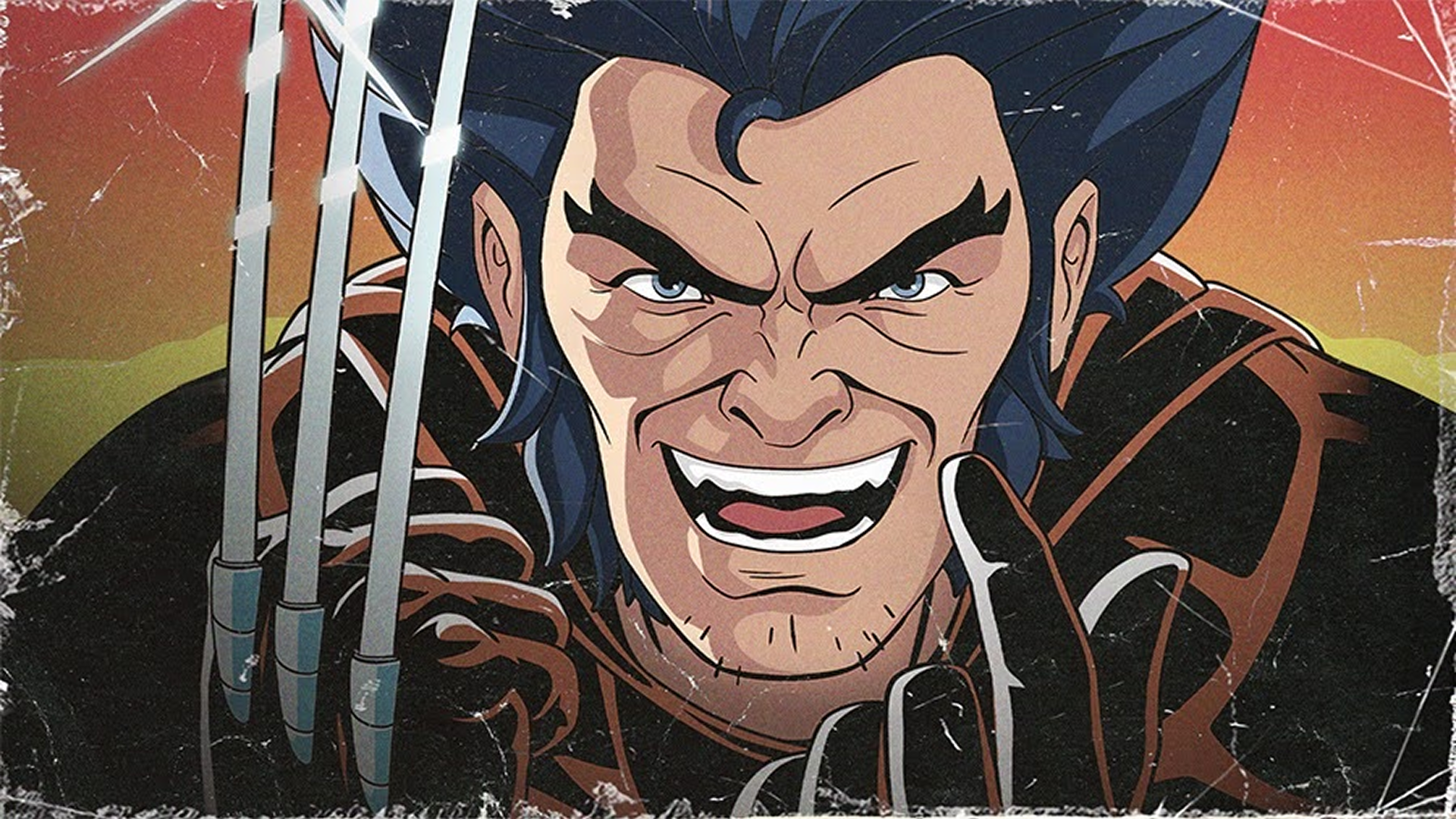 Wolverine is featured prominently with his signature claws extended in this scene from the animated series X-Men '97.