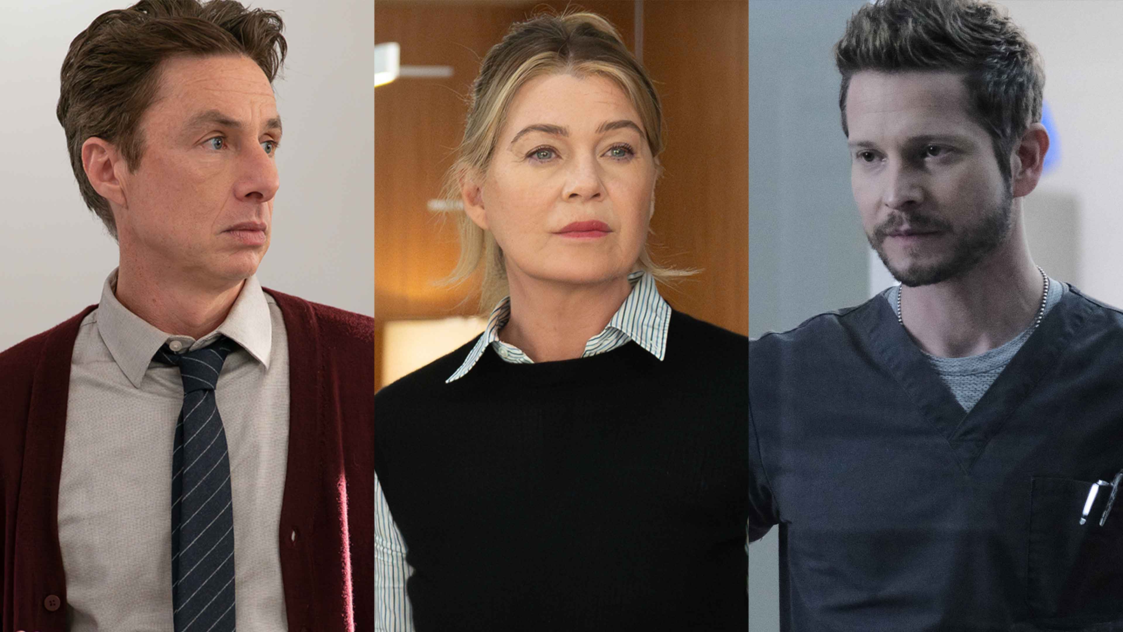 『scrubs ～恋のお騒がせ病棟』のジョン・"JD"・ドリアン、『グレイズ・アナトミー』のメレディス・グレイ、『レジデント 型破りな天才研修医』のコンラッド・ホーキンスが3分割している画像。