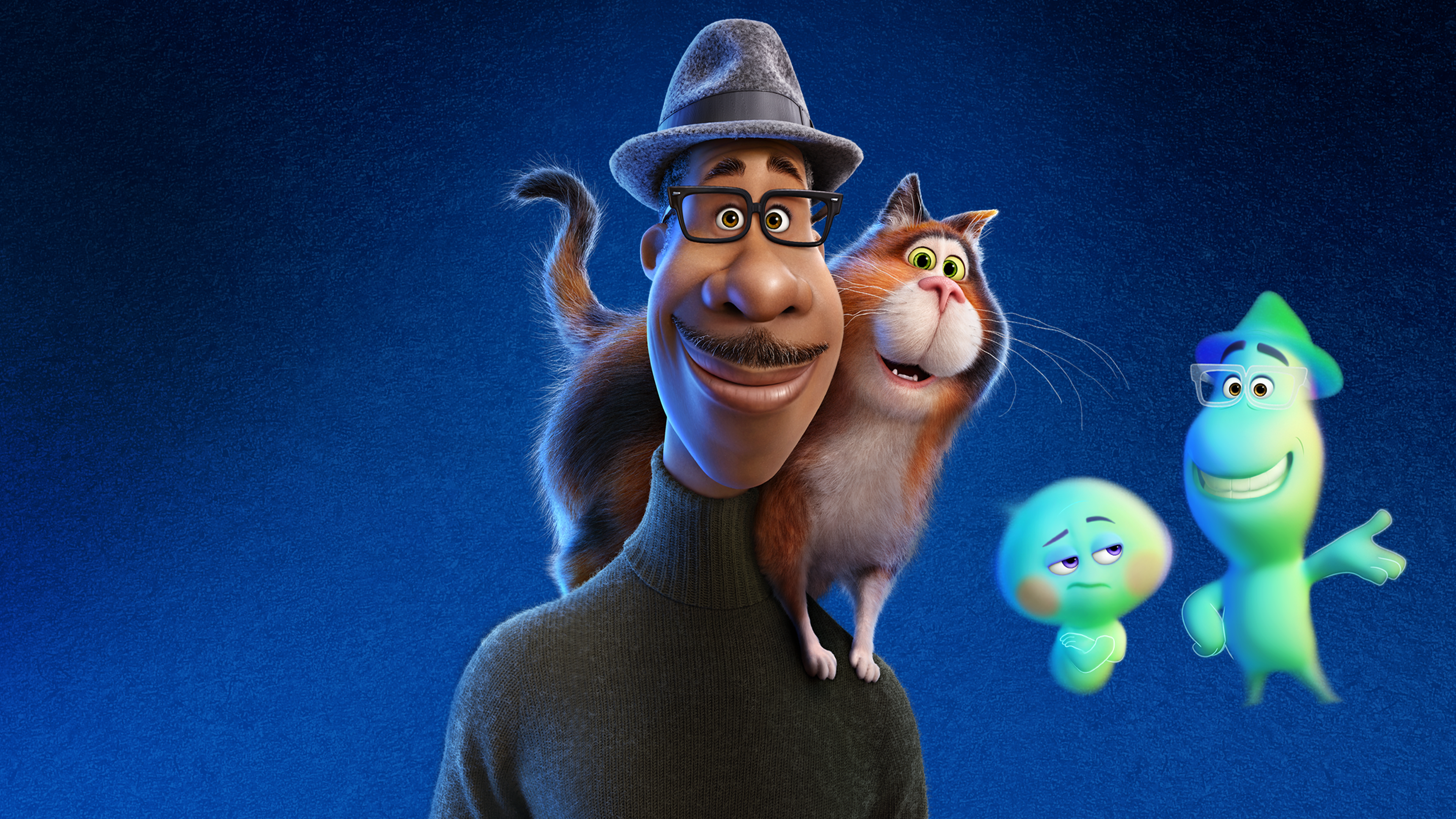 Animated Still. Joe Gardner is smiling at the camera. There is a cat standing on his shoulder, and two green souls floating next to him
