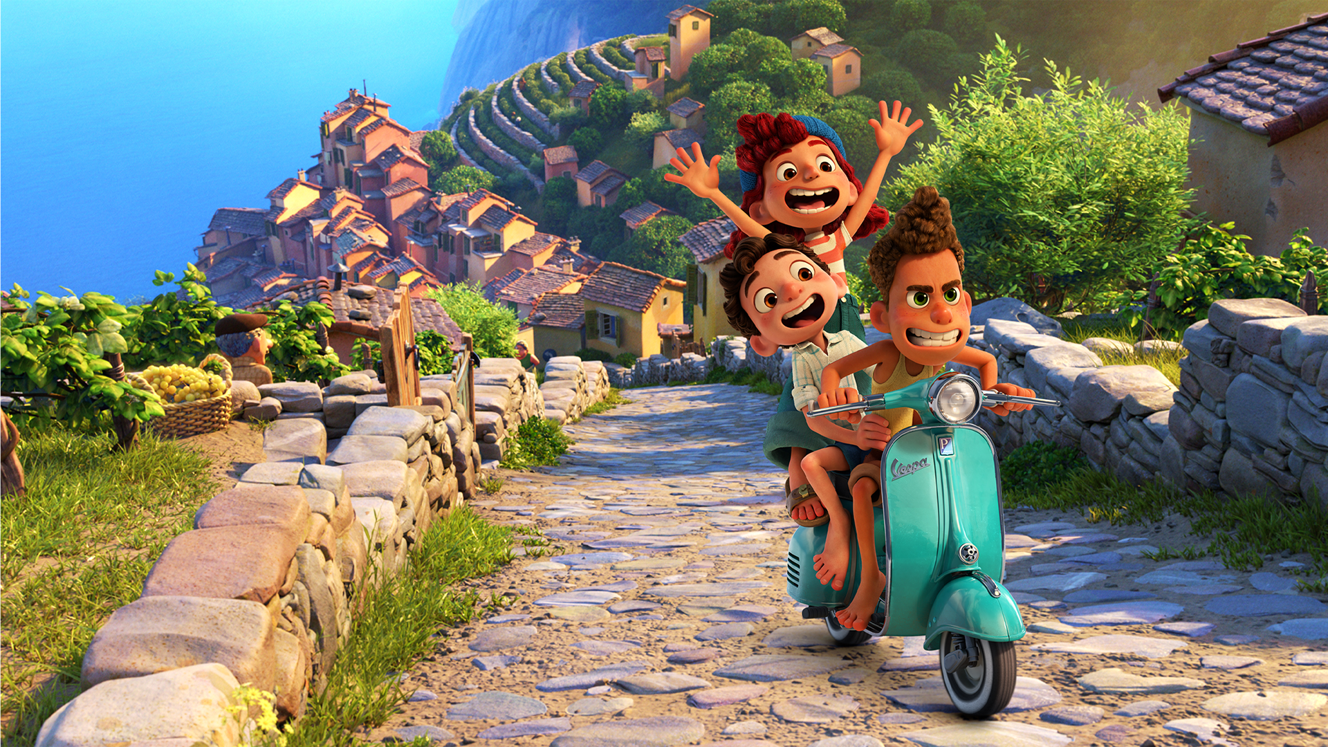 The characters of Luca ride up a hill on a Vespa