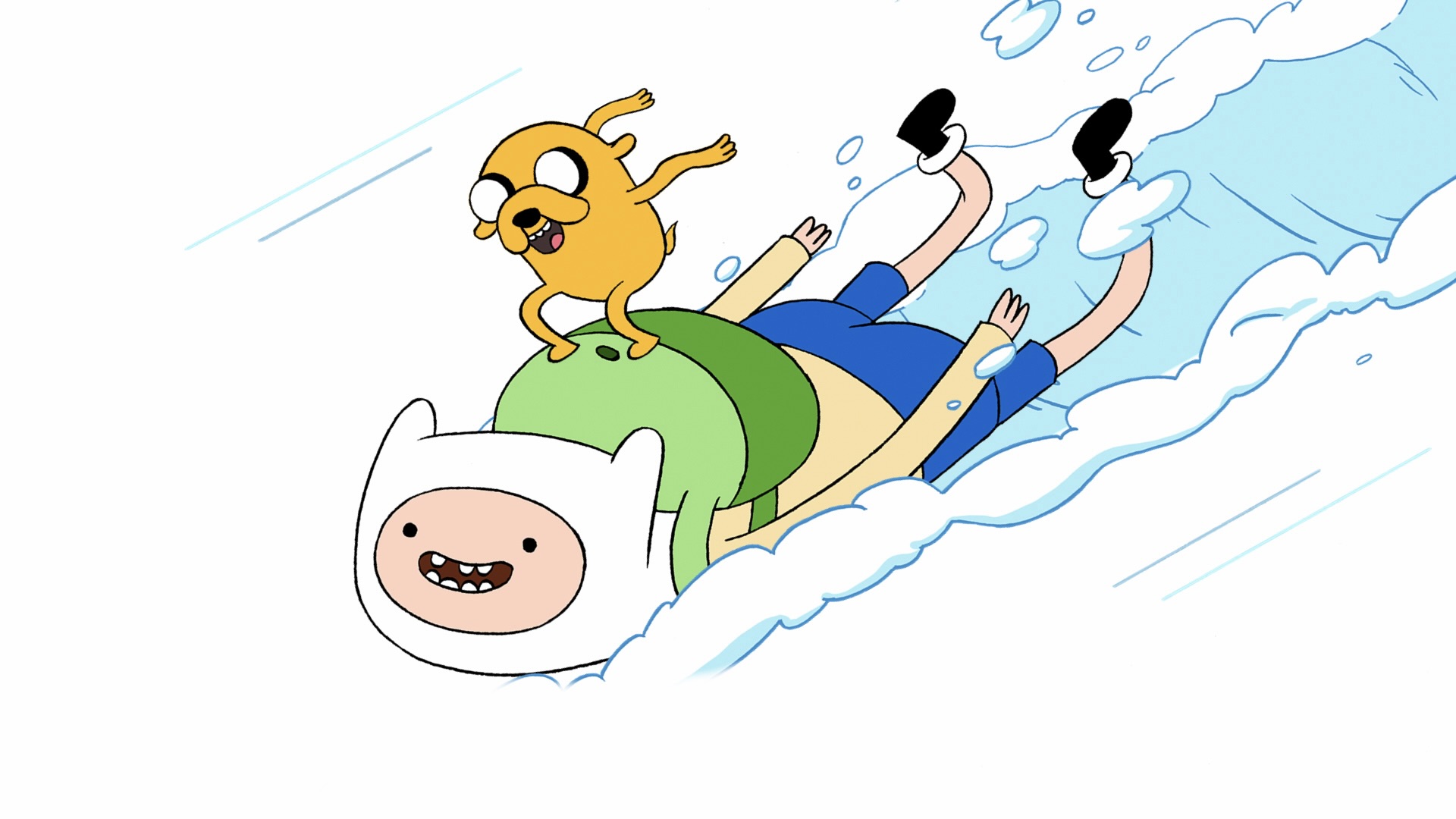 Finn the Human and Jake the Dog go sledding in Adventure Time.
