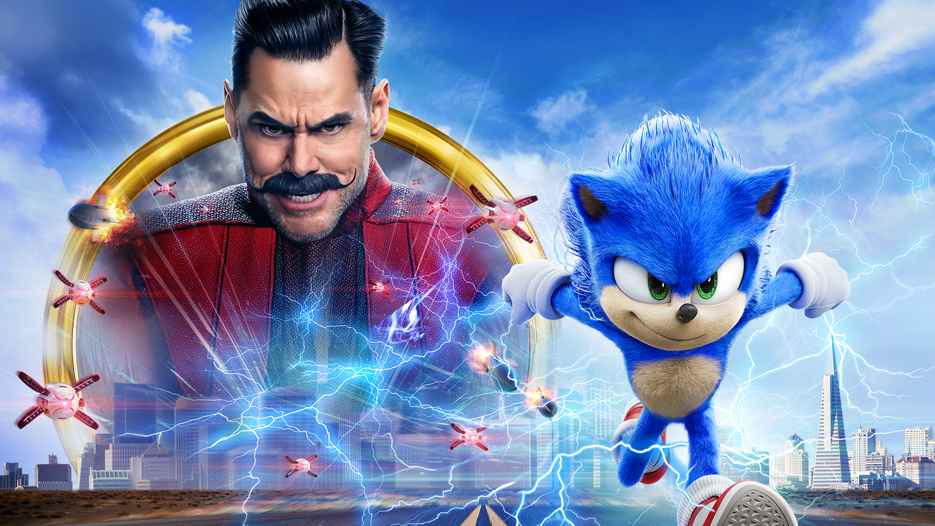 The image features Jim Carrey as the villainous Dr. Robotnik surrounded by a golden ring, along with the title character Sonic.