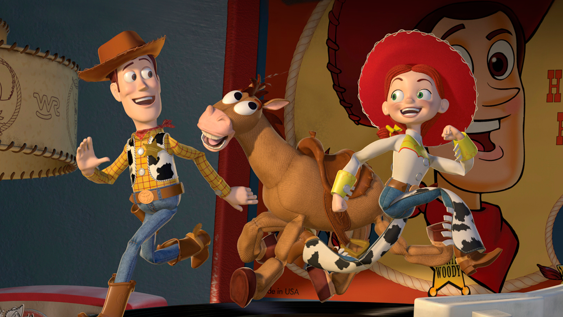 Woody dancing with Jessie and Bullseye on a record player in Toy Story 2.
