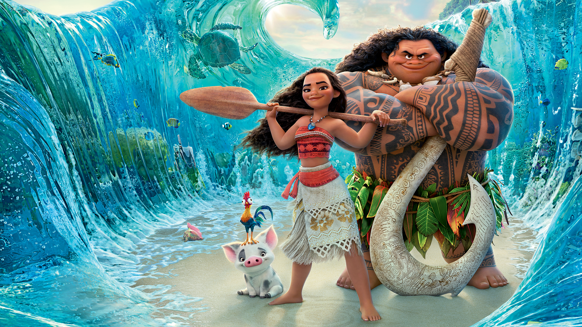 An animated Moana poses confidently with a wooden paddle across her shoulders next to a smirking Maui, who holds his massive fishhook, while the pig Pua and rooster Heihei sit beside them as walls of vibrant turquoise ocean water part on either side.