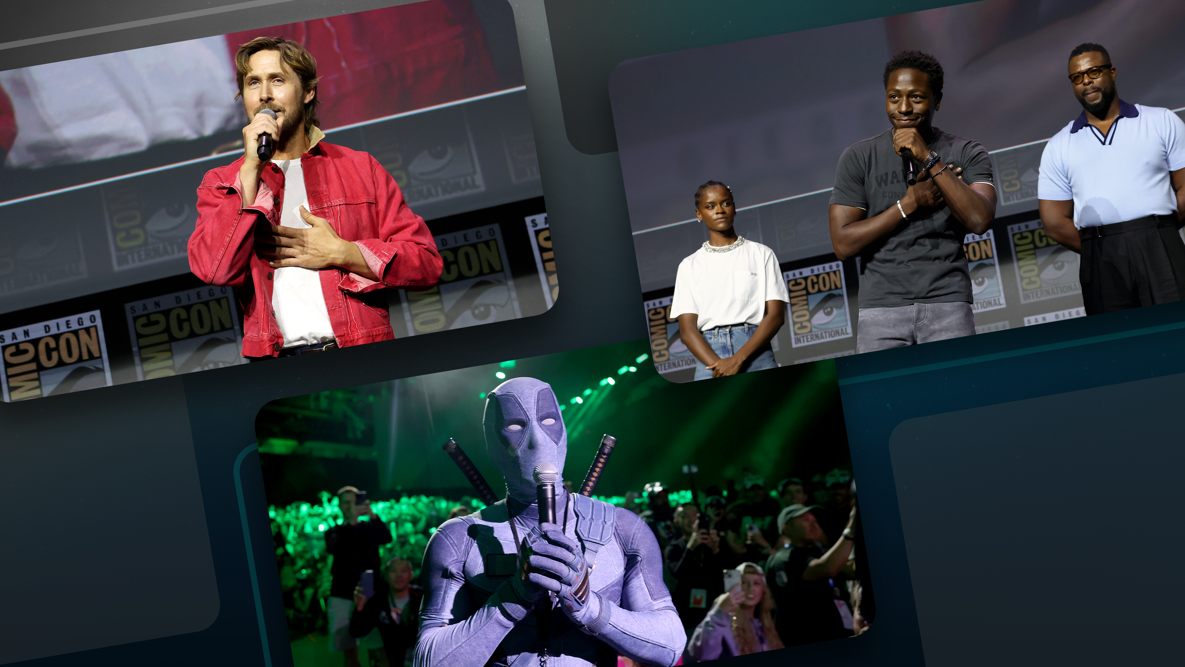 A collage of images from San Diego Comic-Con including pictures of Ryan Gosling, Letitia Wright, David Jonsson, and Winston Duke and Deadpool cosplay