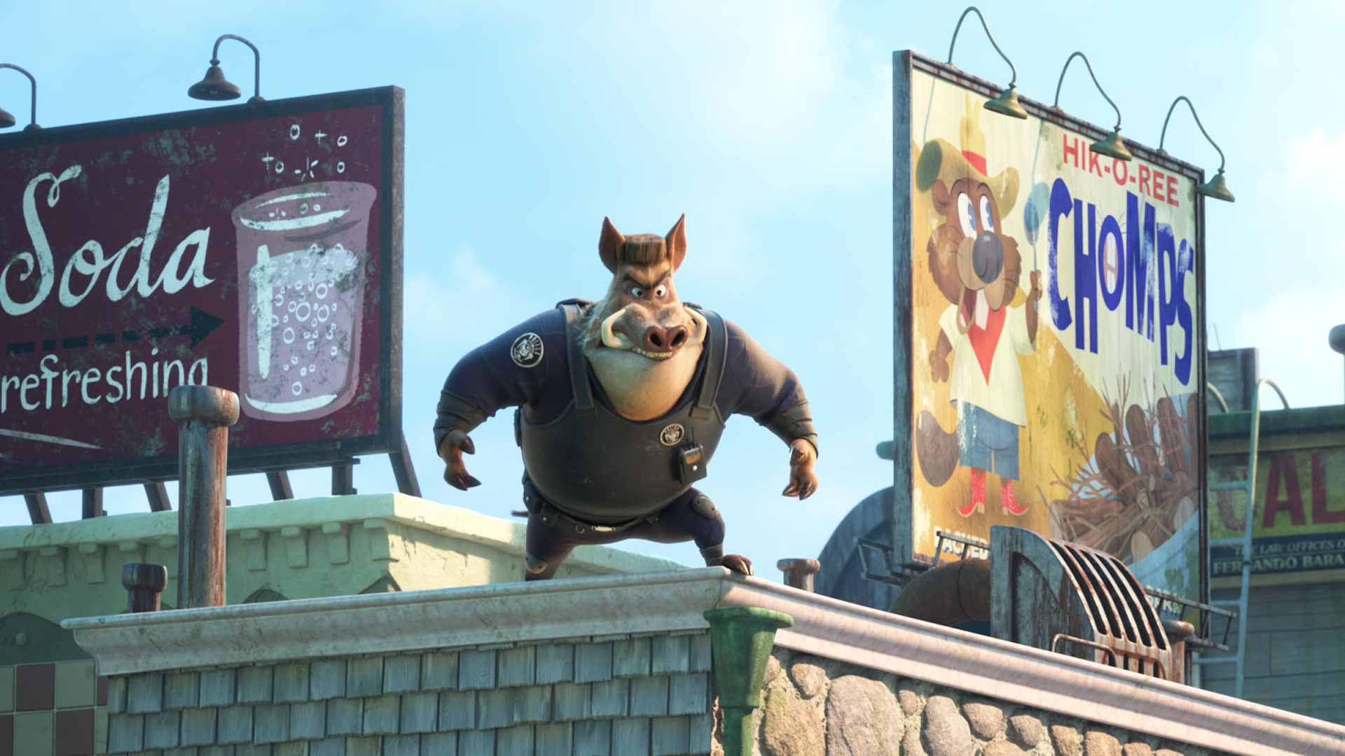 This scene is from the 2025 animated film Zootopia 2. The character shown is Truffler, a razorback who serves as the meathead partner to Captain Hoggbottom. 