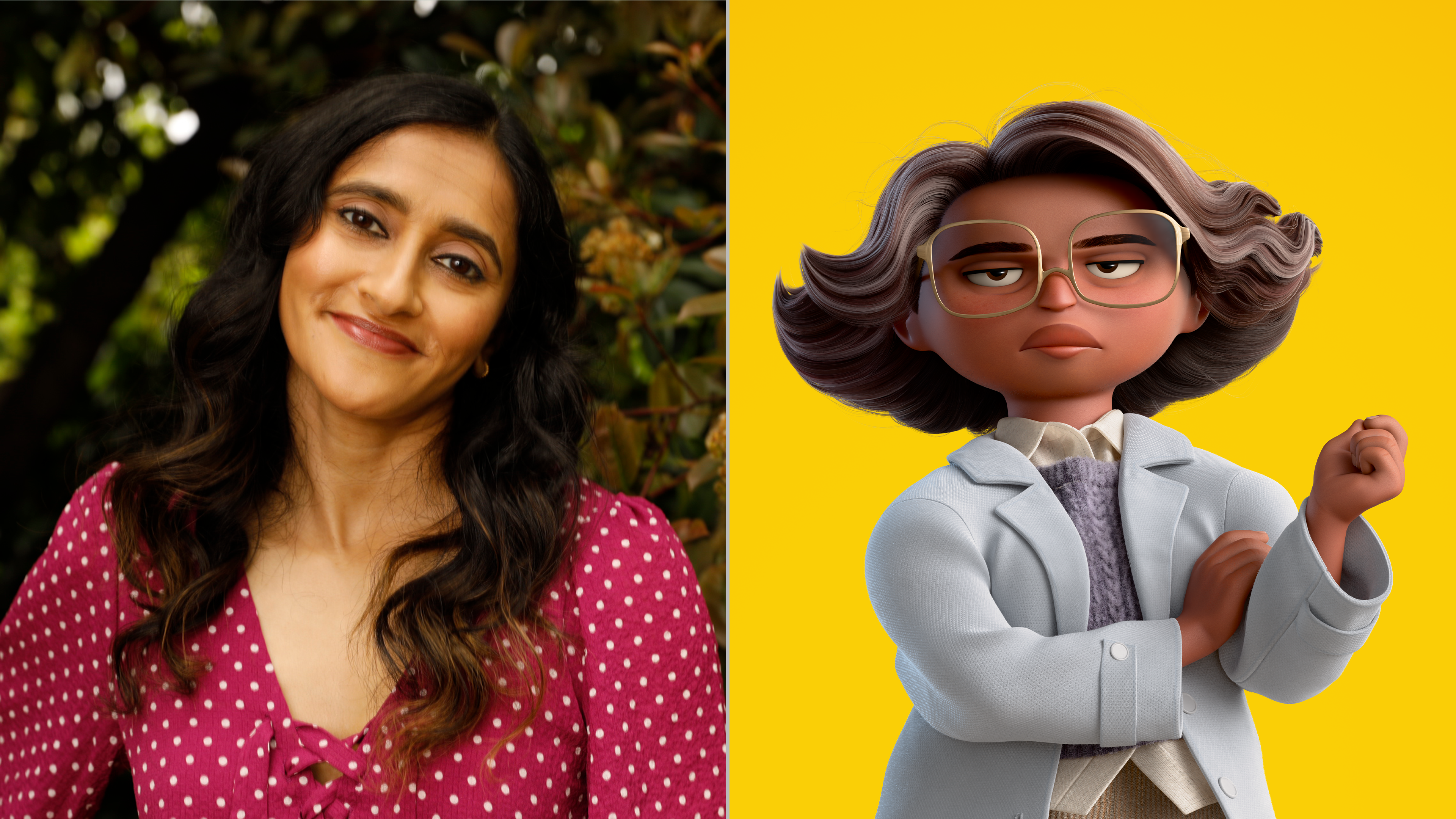 The image features Aparna Nancherla, the voice of Nisha in Hoppers, Pixar, Disney+