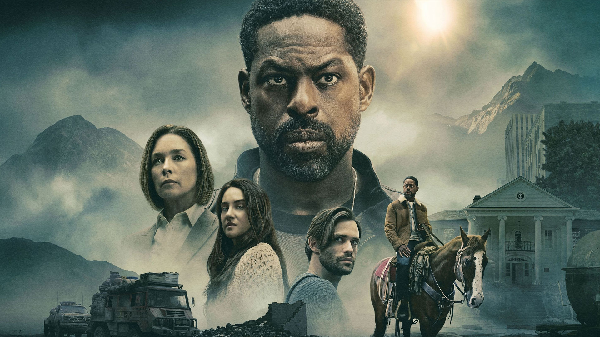 Key art for Paradise featuring a group of characters in a misty landscape, with a large portrait of a central figure above a mansion and surrounding mountains.