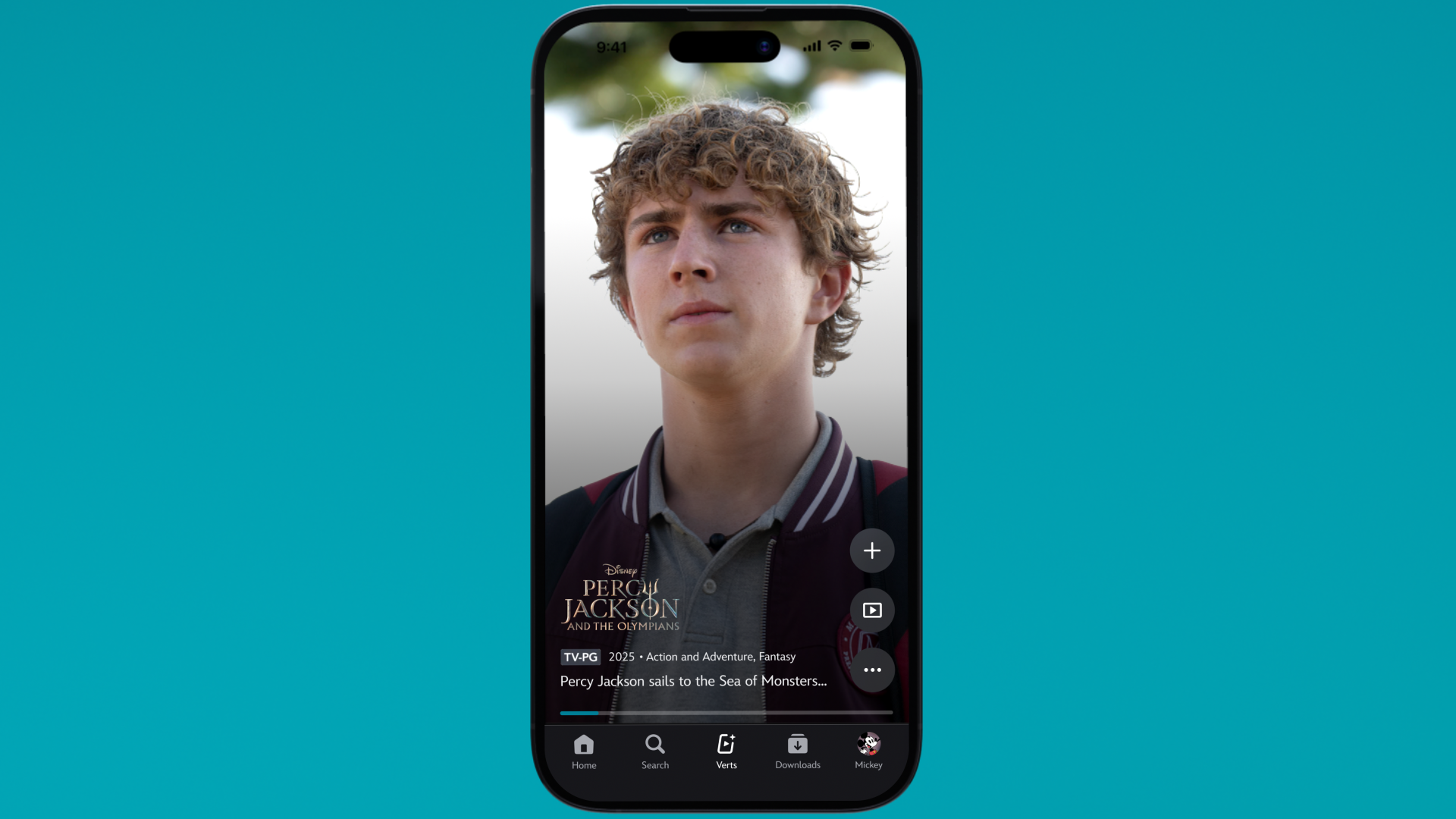 Mobile device showcasing the Verts feature with a scene from Percy Jackson and the Olympians.