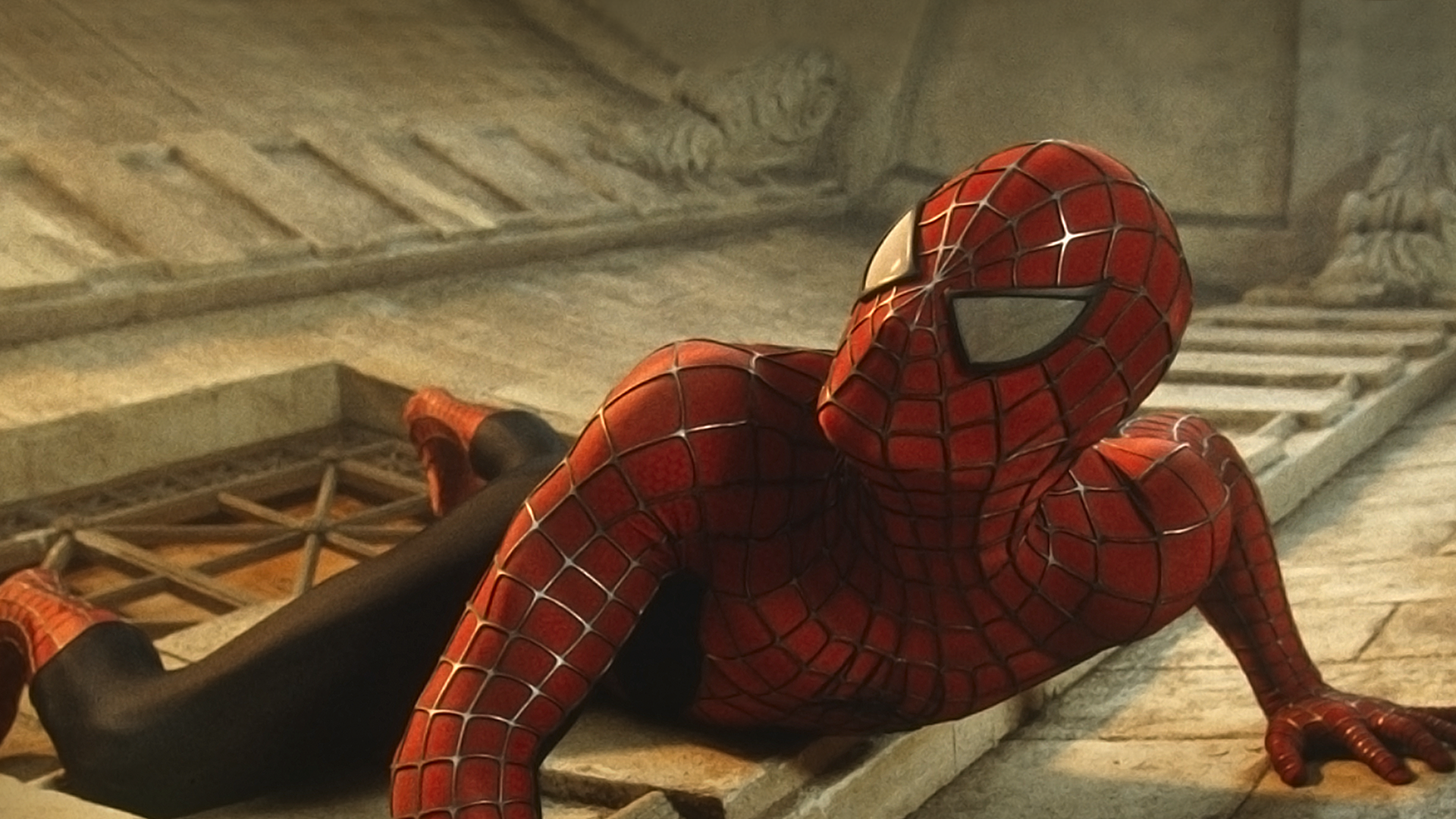 Spider-Man looks up from the ground.