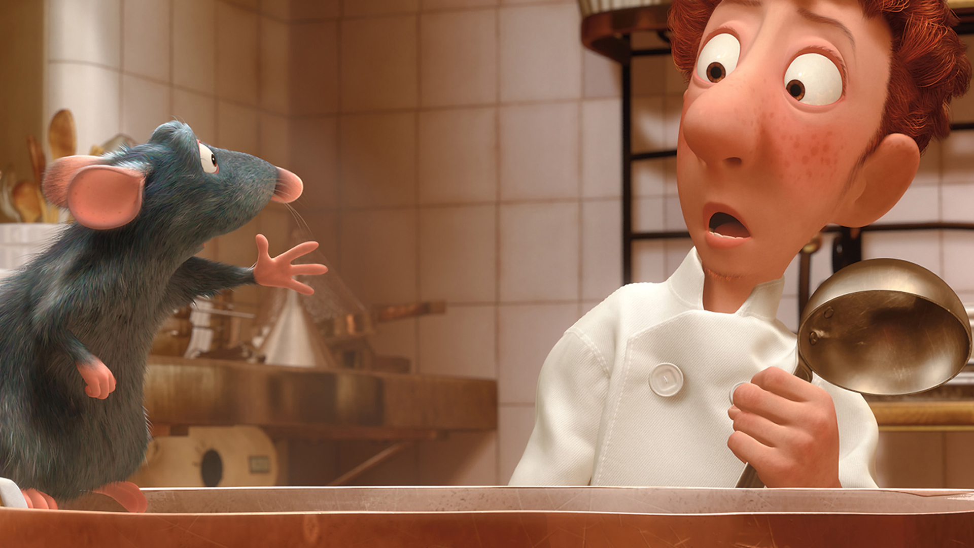 Remy communicates to Linguini as he looks shocked 