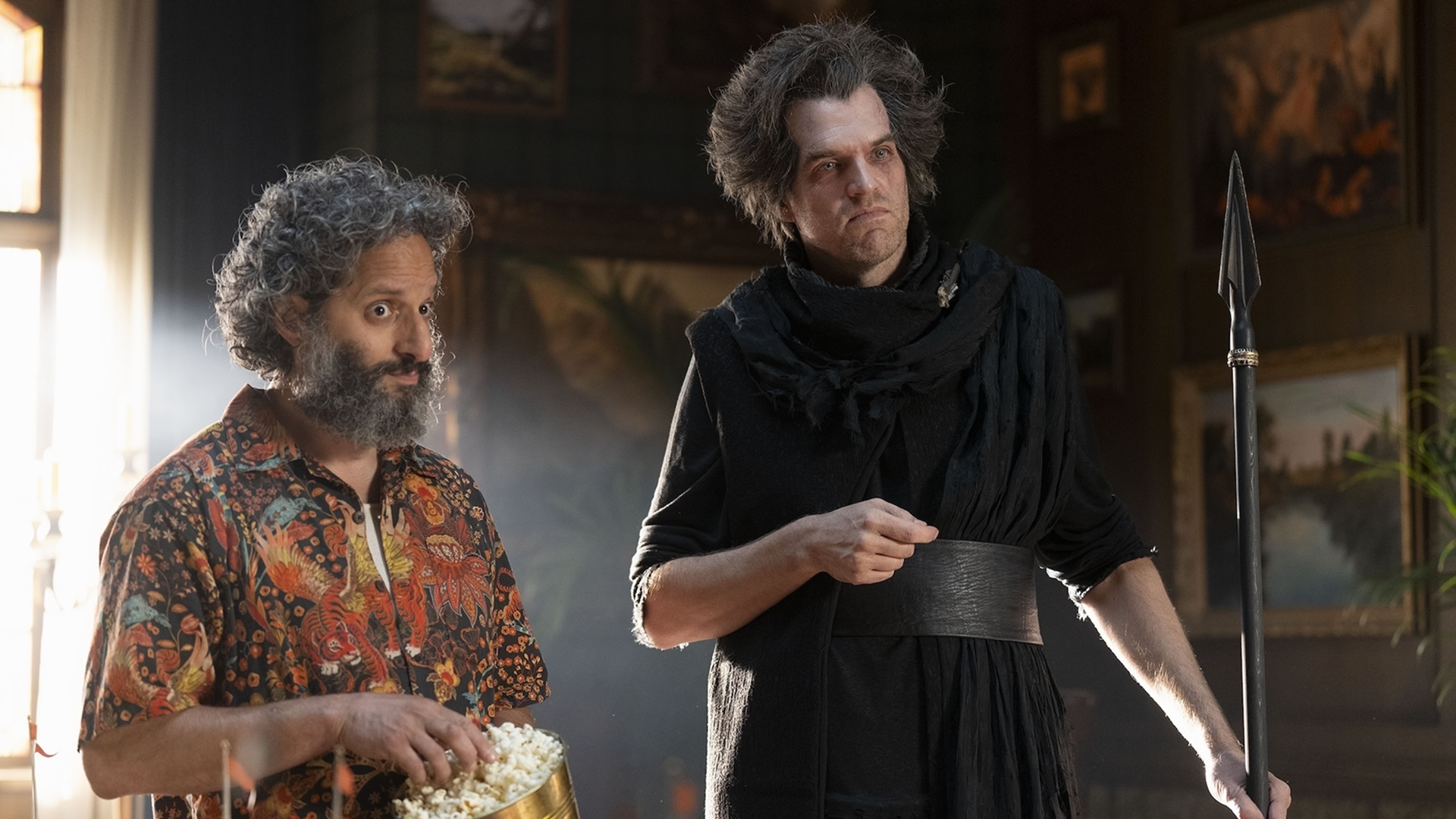 Dionysus (Jason Mantzoukas) and Tantalus (Timothy Simons) in Percy Jackson and the Olympians.