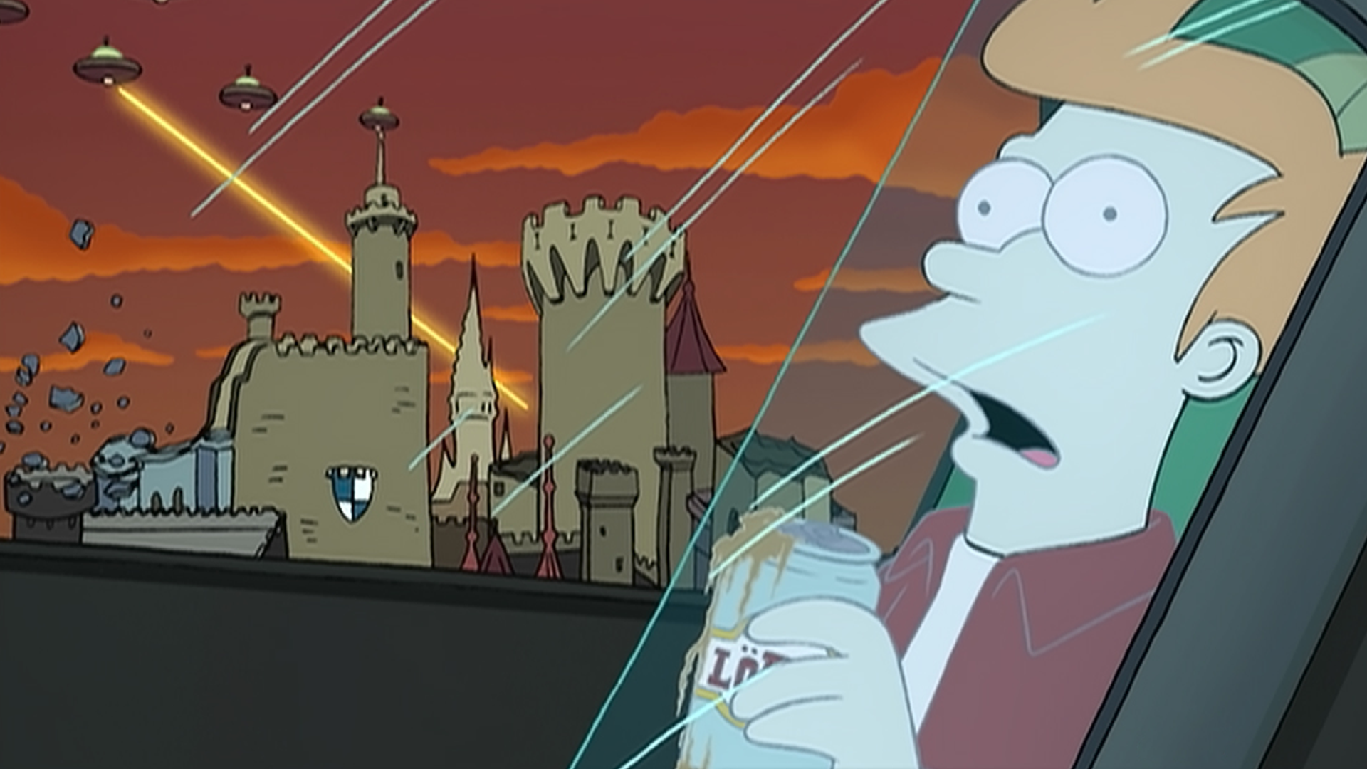 Fry (Billy West) stares wide-eyed through a glass window while holding a can as flying saucers fire lasers over a castle-like city.