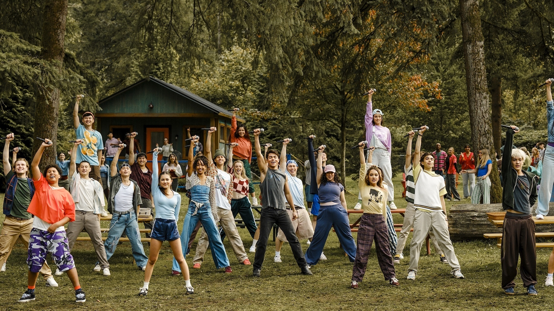 The ensemble of Camp Rock 3 during an outdoor dance number