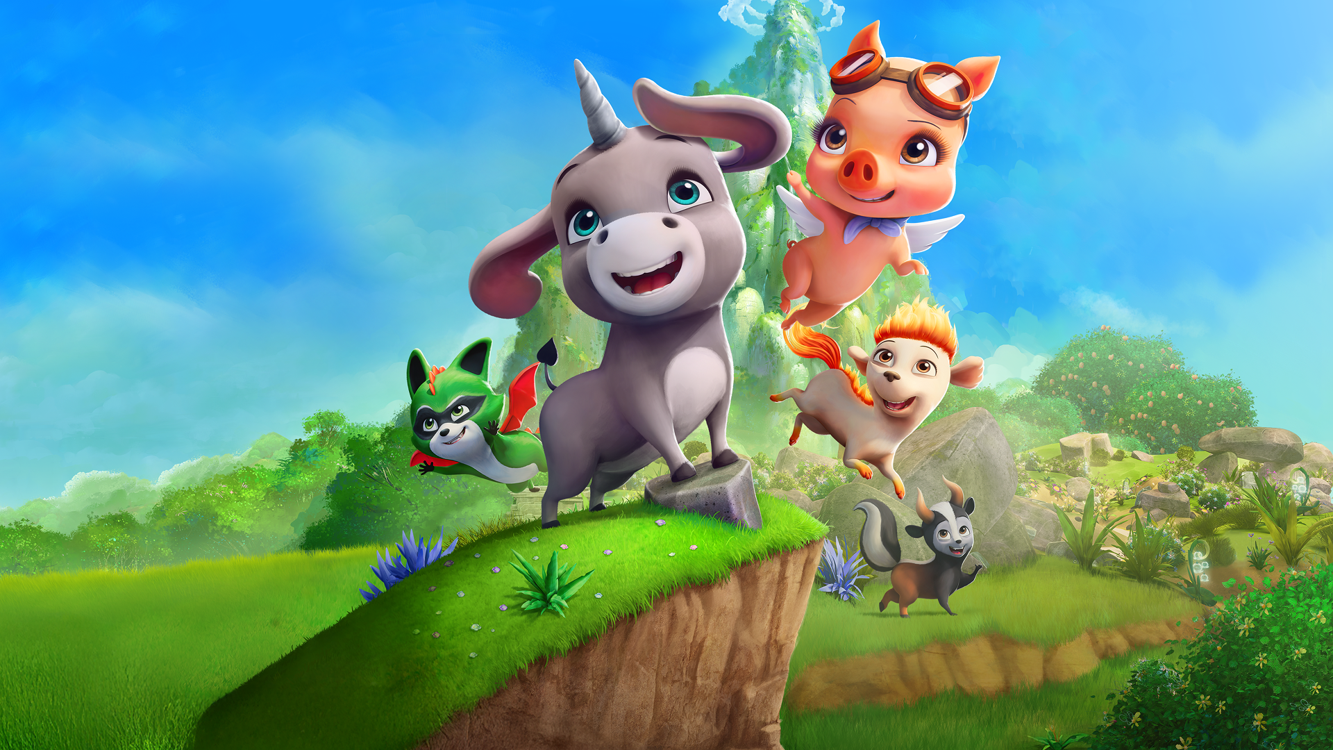 This image features the characters from the Disney Junior series Magicampers, including Darly the pig-Pegasus and Loomis the donkey-unicorn