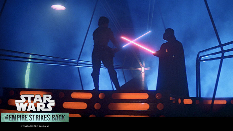 Luke Skywalker and Darth Vader face off in a lightsaber duel in Star Wars: Episode V – The Empire Strikes Back.