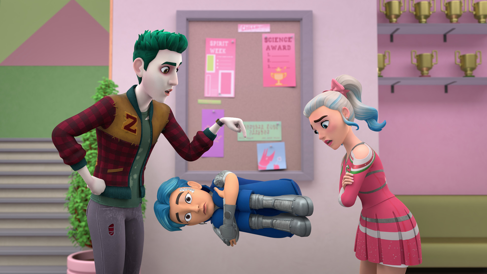 Zed y Addison parecen confundidos mientras A-Spen (de ZOMBIES 3) levita en el pasillo con las piernas dobladas hasta el pecho en ZOMBIES: La serie re-animada