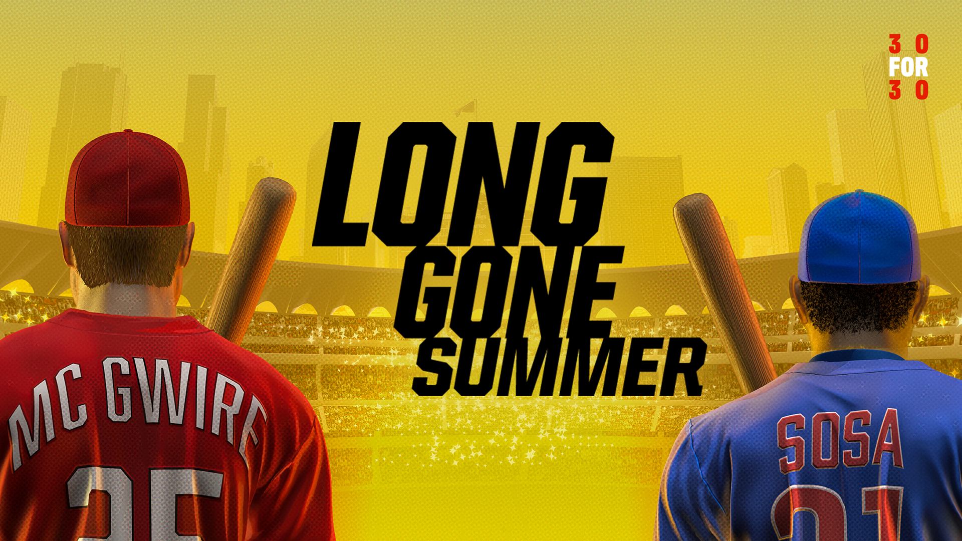 Stylized promotional art depicting baseball legends Mark McGwire (No. 25) and Sammy Sosa (No. 21).