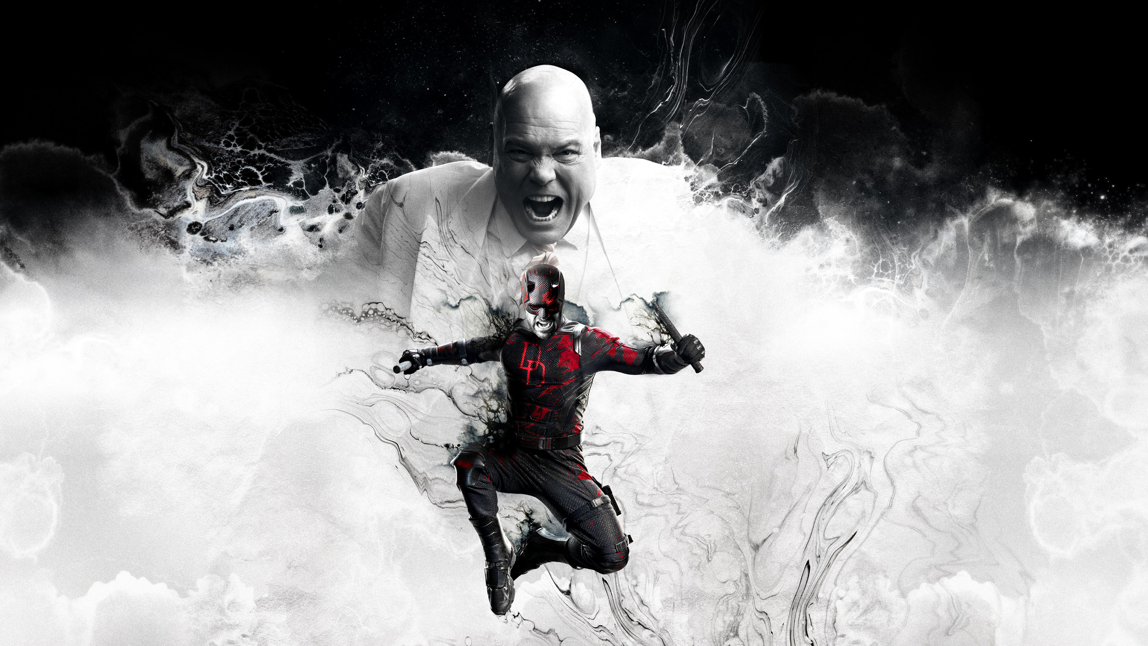 Key art for Daredevil: Born Again featuring Daredevil leaping forward as Wilson Fisk (The Kingpin) roars behind him. Season finale streaming May 5.