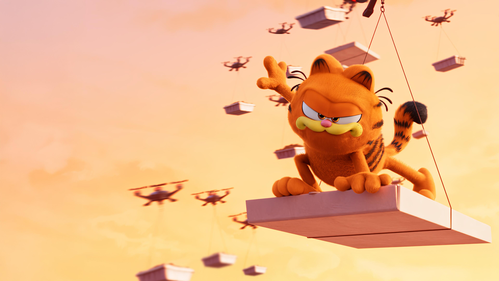 Garfield riding on a pizza box carried by a drone.