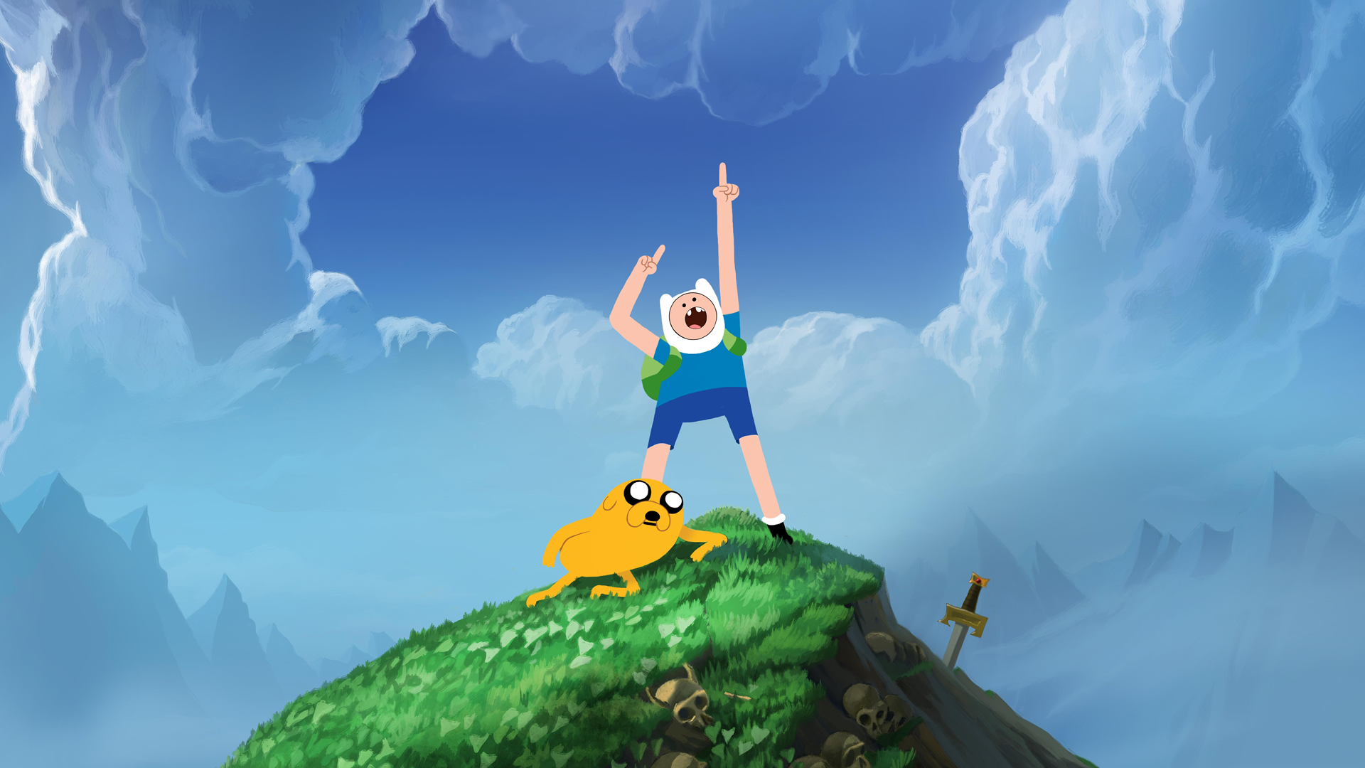 This image features the main characters, Finn the Human and Jake the Dog, from the animated series Adventure Time.