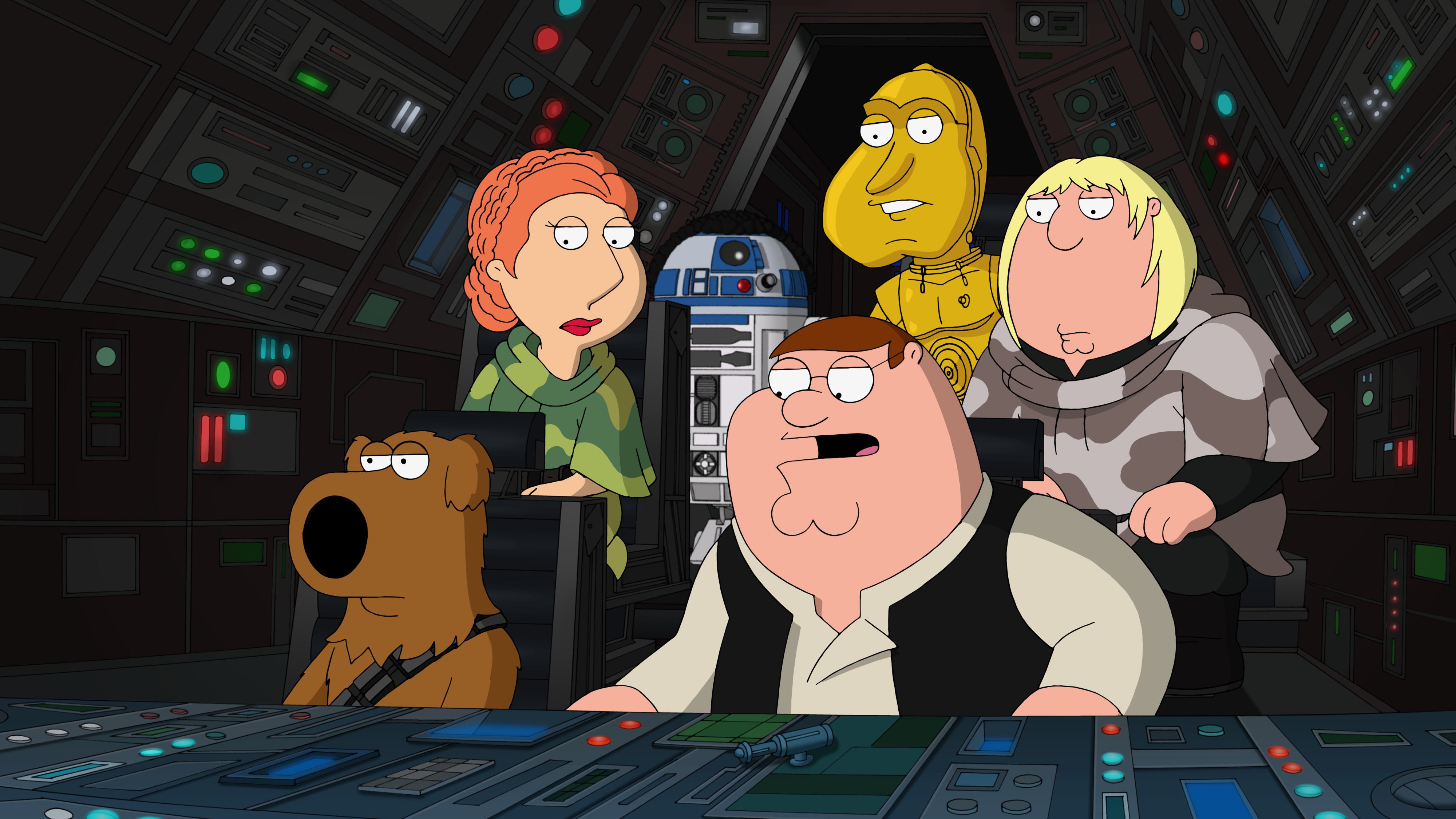 Family Guy Star Wars Blue Harvest Millennium Falcon scene with Peter, Lois, Chris, Brian, and Quagmire in a scene from Family Guy’s Star Wars parody episode “It’s a Trap.”