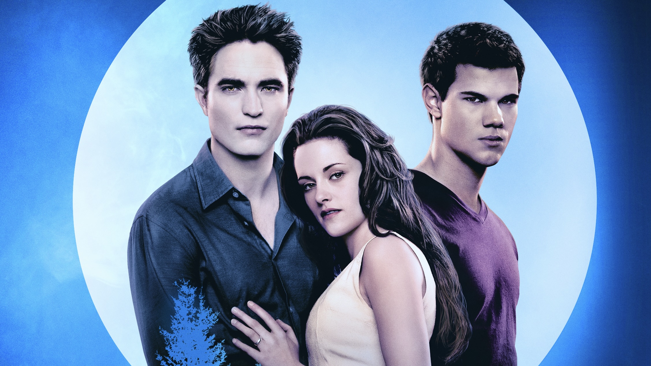 Edward Cullen, Bella Swan, and Jacob Black from the Twilight movies posed in front of a full moon.