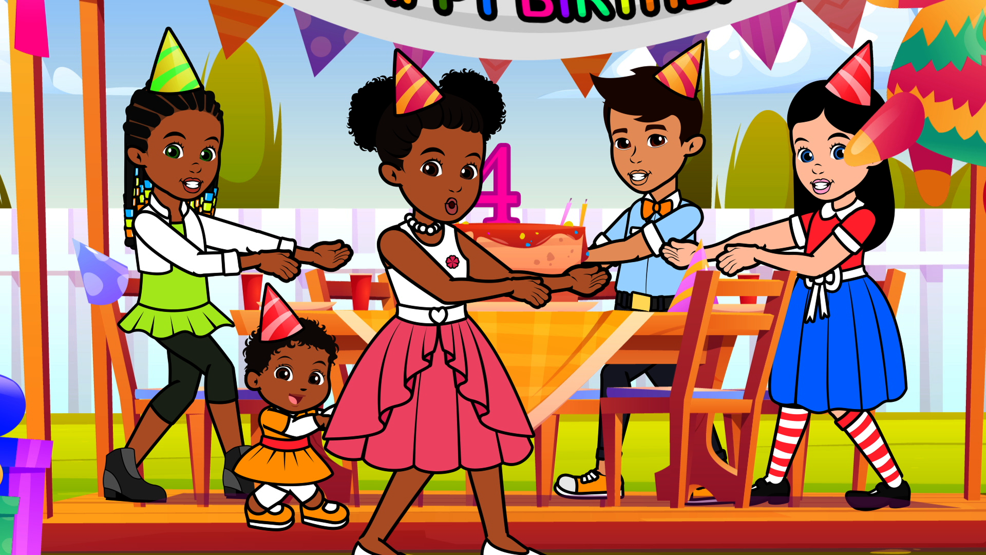 This image features characters from the children's educational series Gracie's Corner celebrating a birthday.