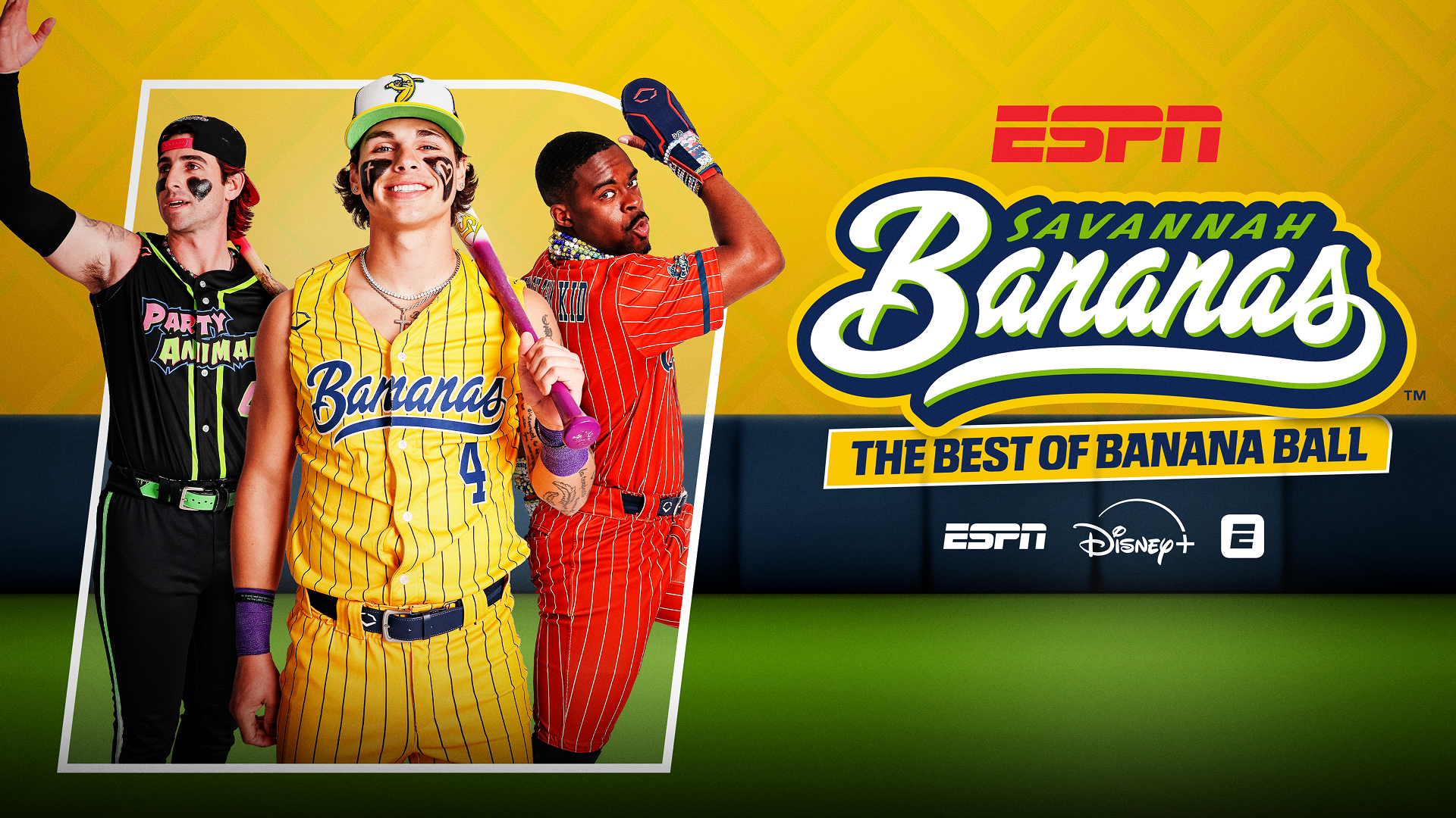 A poster for Banana Ball featuring players from three teams. Text Reads "Savannah Bananas. The Best of Banana Ball"