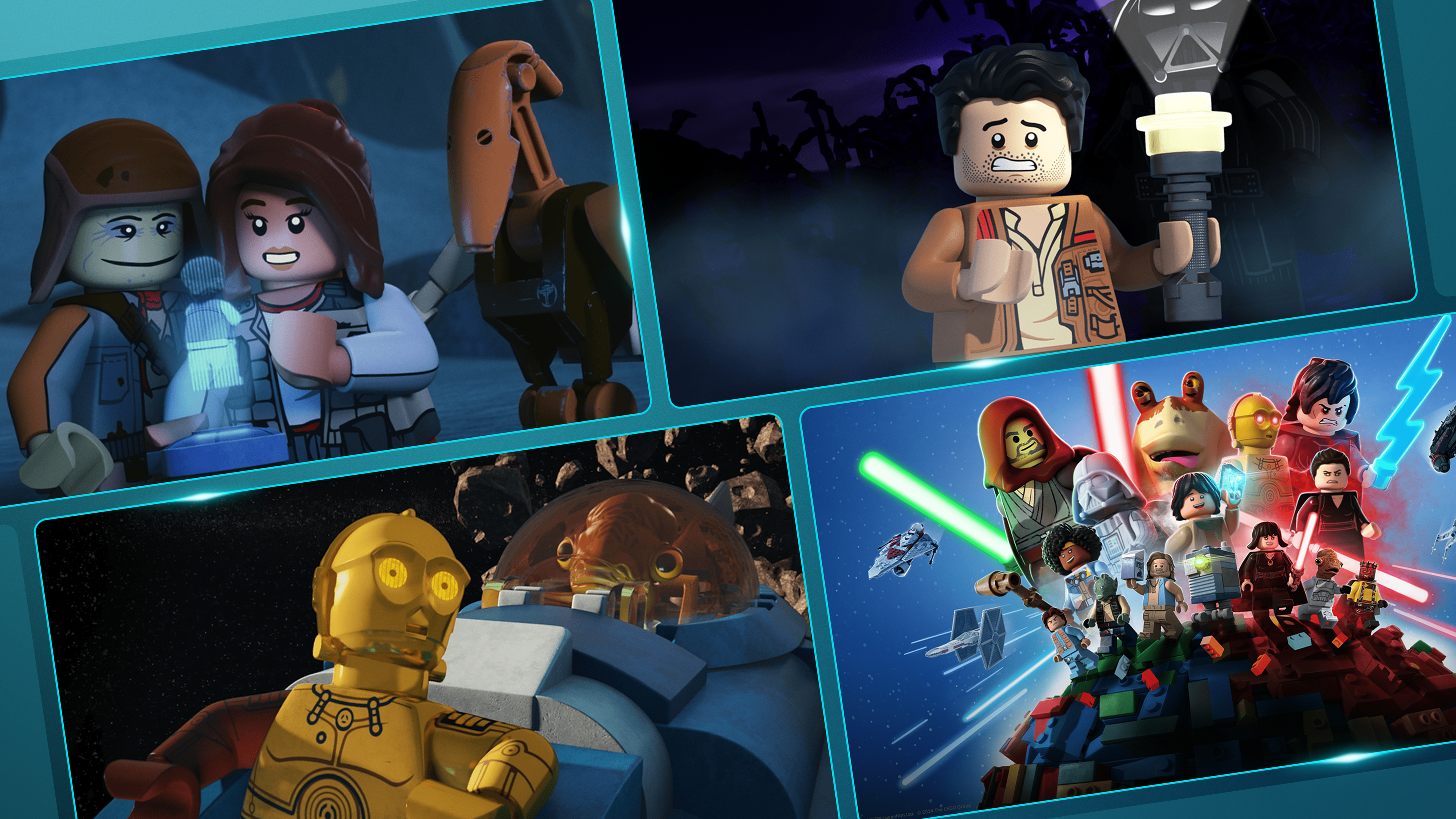 Promo grid showcasing LEGO Star Wars shows and specials on Disney+.